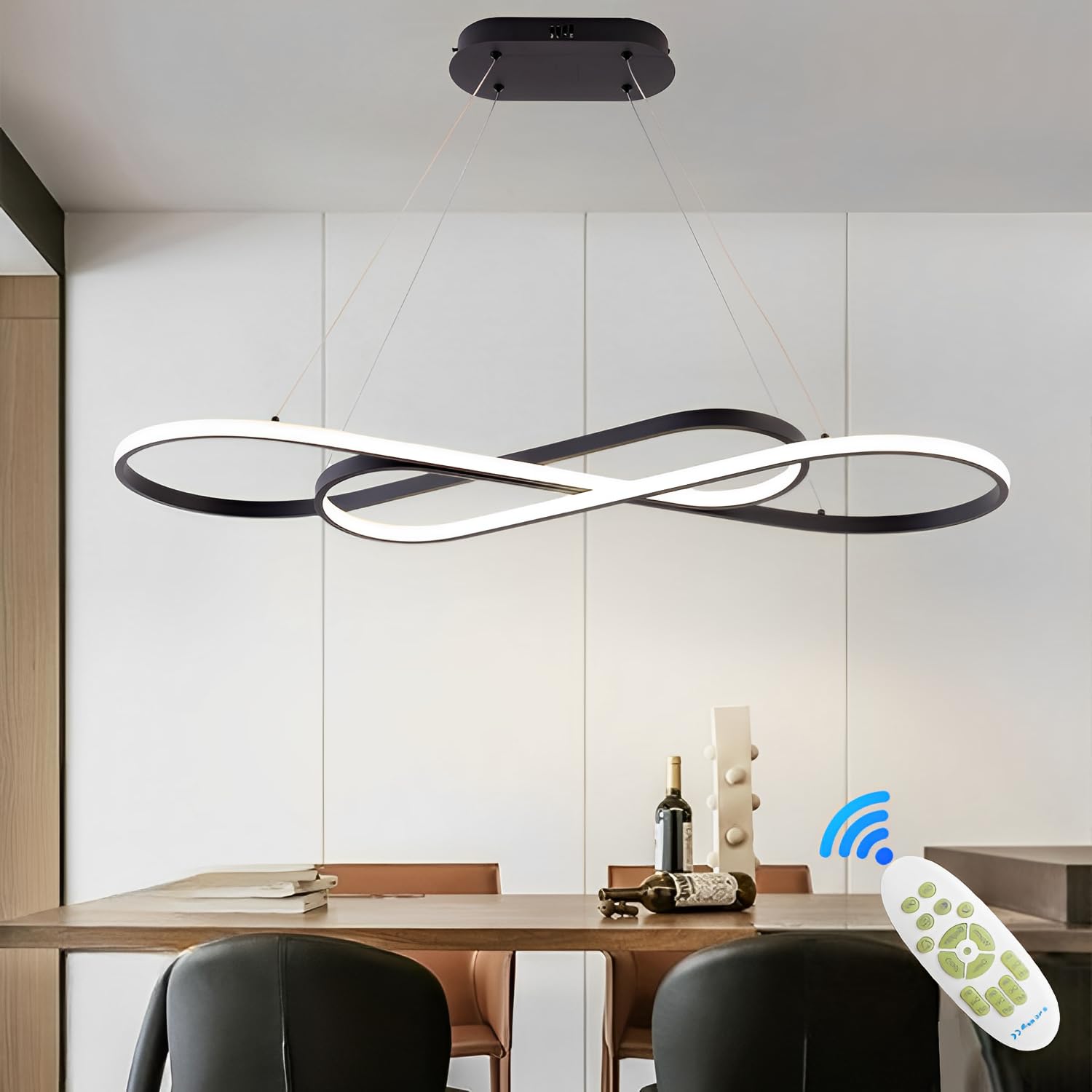 57W LED Pendelleuchte, Doppelfigur 8 Design, Schwarz | Dimmbare Hängelampe mit Fernbedienung, Pendellampe Hängend Höhenverstellbar, Hängeleuchte für Esstisch, Esszimmer und Küche