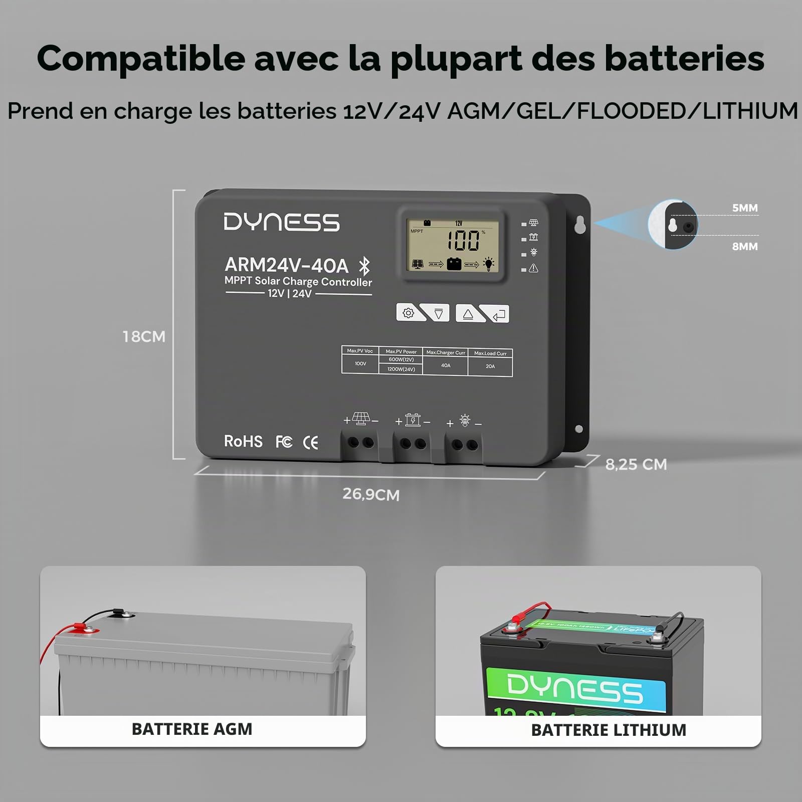 Dyness Régulateur de Charge Solaire MPPT 40A 12V 24V Automatique, Bluetooth, 100V (Entrée PV max.), Écran LCD, pour Systèmes Solaires & Batteries SLA, GEL, FLD, AGM, Li