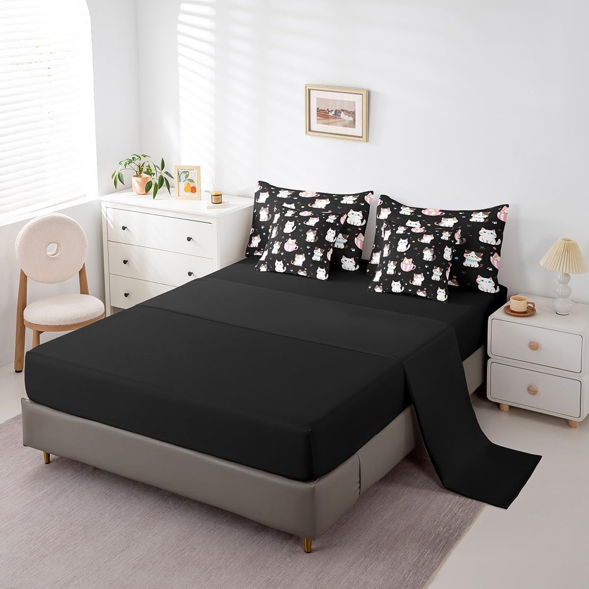 Feelyou Toddler Cat Bed in a Bag for Kids Boys Girls Cats Print Queen Comforter Set with Sheets Cute Cartoon Design 7 Pieces Bedding Set Bedroom Decor Cute Kitten Bed Set Animal, Black