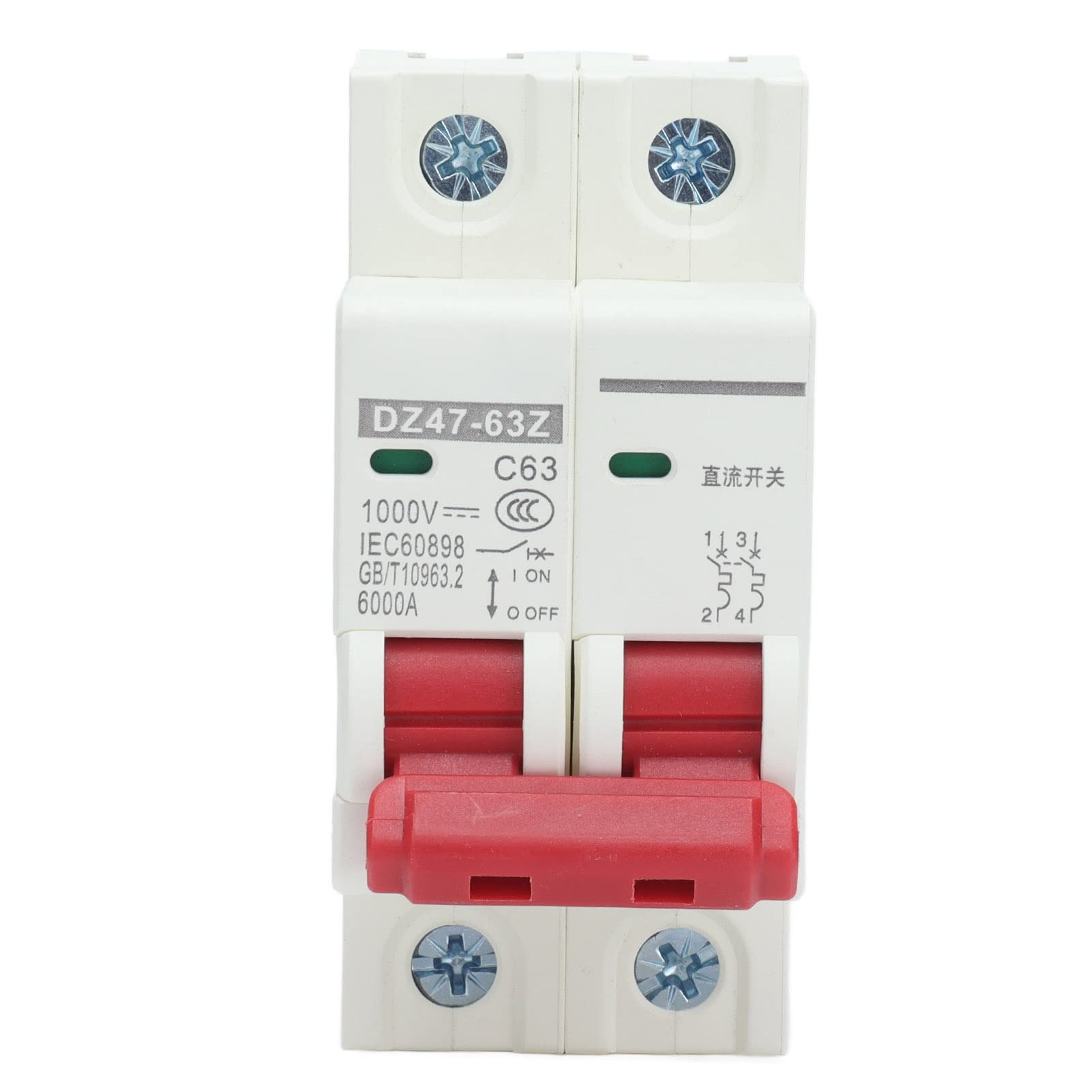 Eujgoov Miniature Air Circuit Breaker, 63A DC 2P Low Voltage 6000A Short Circuit Breaking DIN Rail Mount Circuit Breaker