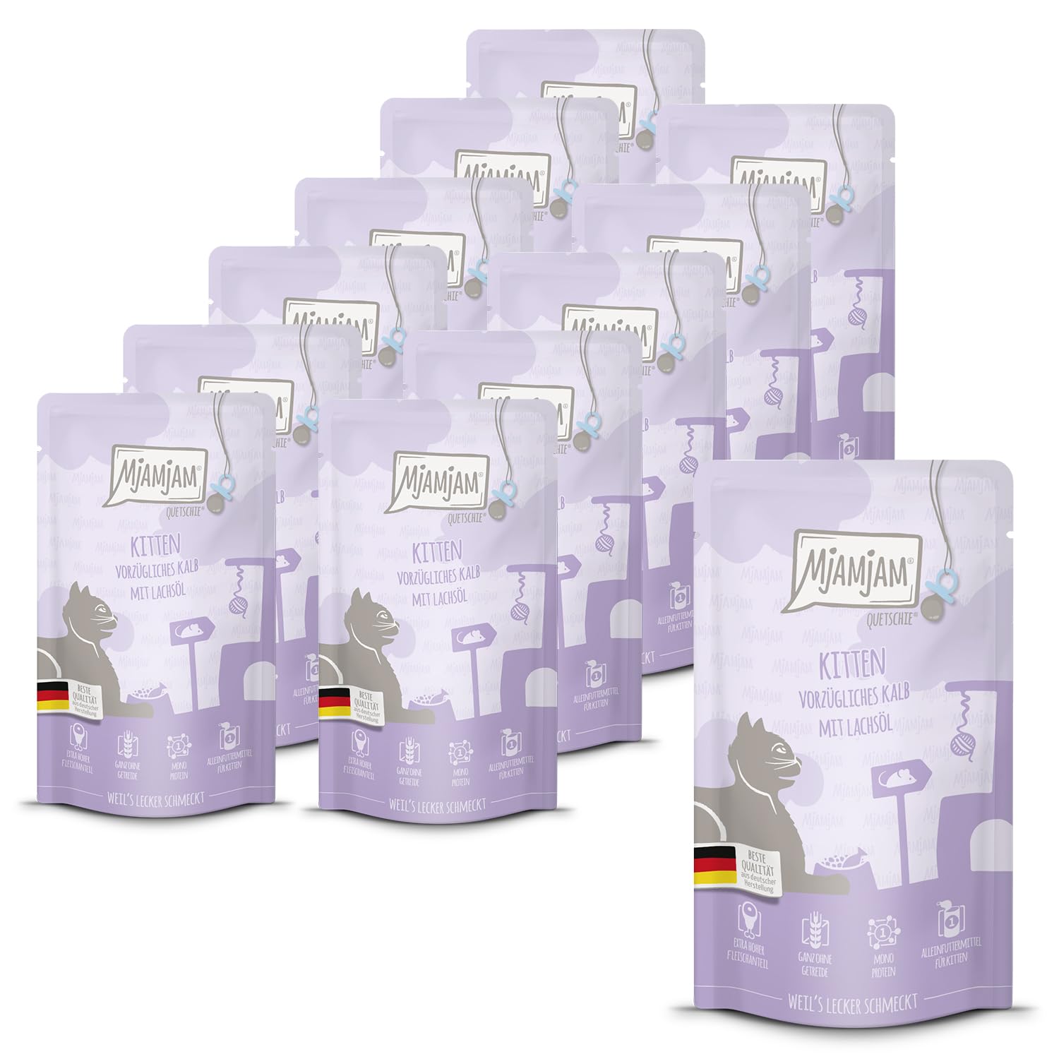 MjAMjAM - Premium Nassfutter für Katzen - Quetschie - Kitten vorzügliches Kalb mit Lachsöl, 12er Pack (12 x 125 g), getreidefrei mit extra viel Fleisch