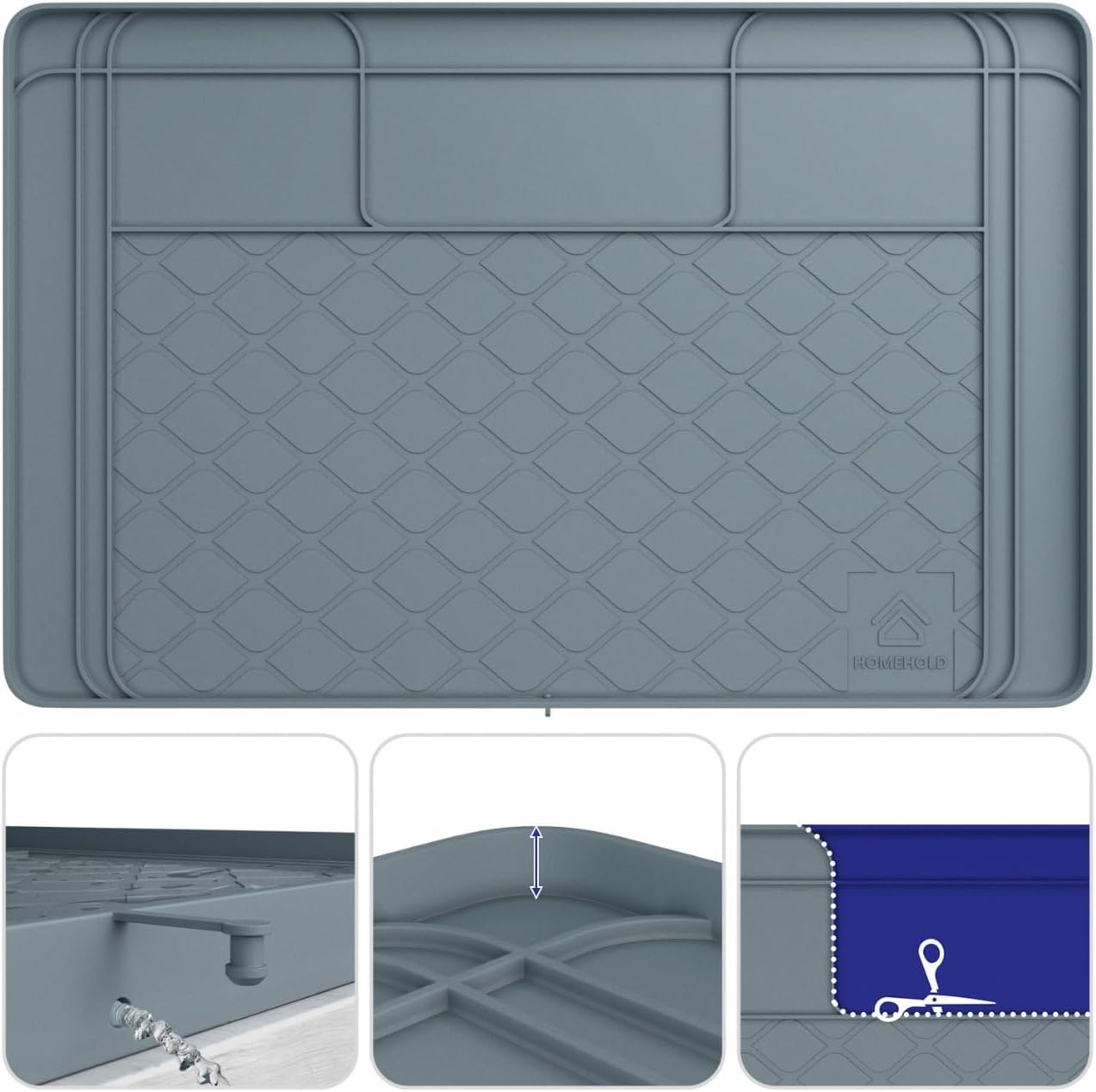 Premium Under Sink Mats for Kitchen Waterproof, 34" x 22" (Customizable to Smaller Sizes), Silicone Under Kitchen Sink Mat for Bathroom Cabinets, Holds up to 3.3 Gallons of Liquid – Grey