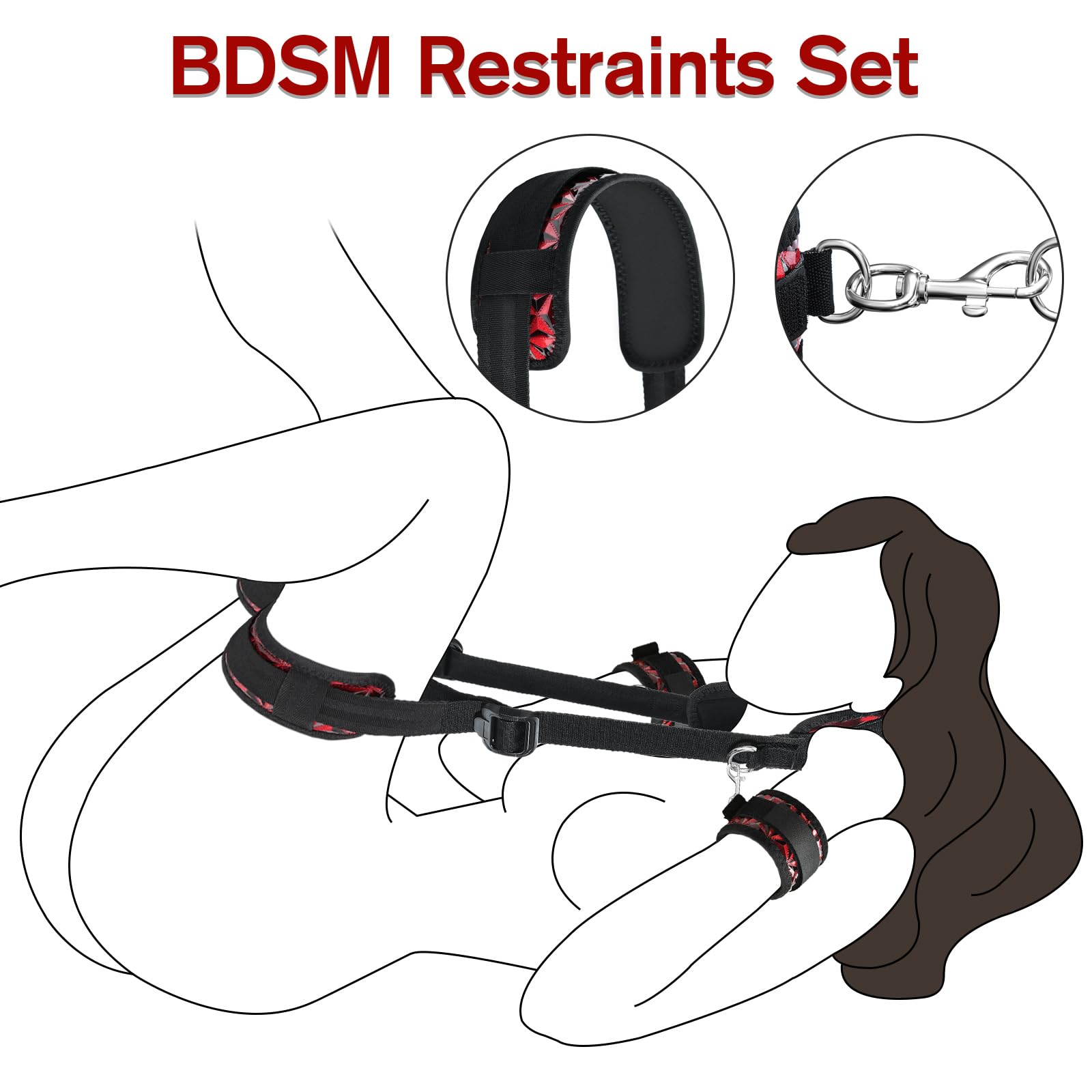 Sex Bondage BDSM Kit, Bed Restraints Set with Handcuffs Neck to Thigh/Ankle, Adjustable Leg Straps&Handcuffs for SM Adult Couples Game Play, Sex Toy for Women Beginner Leg Straps Tie Set Rope: Red Black