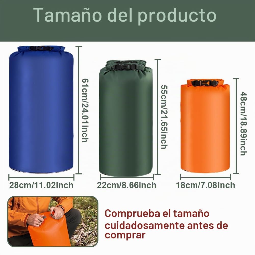 3 Piezas Bolsa Seca,Ideal para Actividades al Aire Libre | Poliéster,8L+15L+25L,impermeable,fácil de transportar,Ideal para guardar ropa-naranja+verde+azul