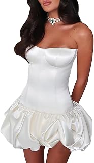 Women's Summer Strapless Bubble Mini Dress Ruched Ruffle Flowy A Line Dress Tube Top Dresses Party Clubwear