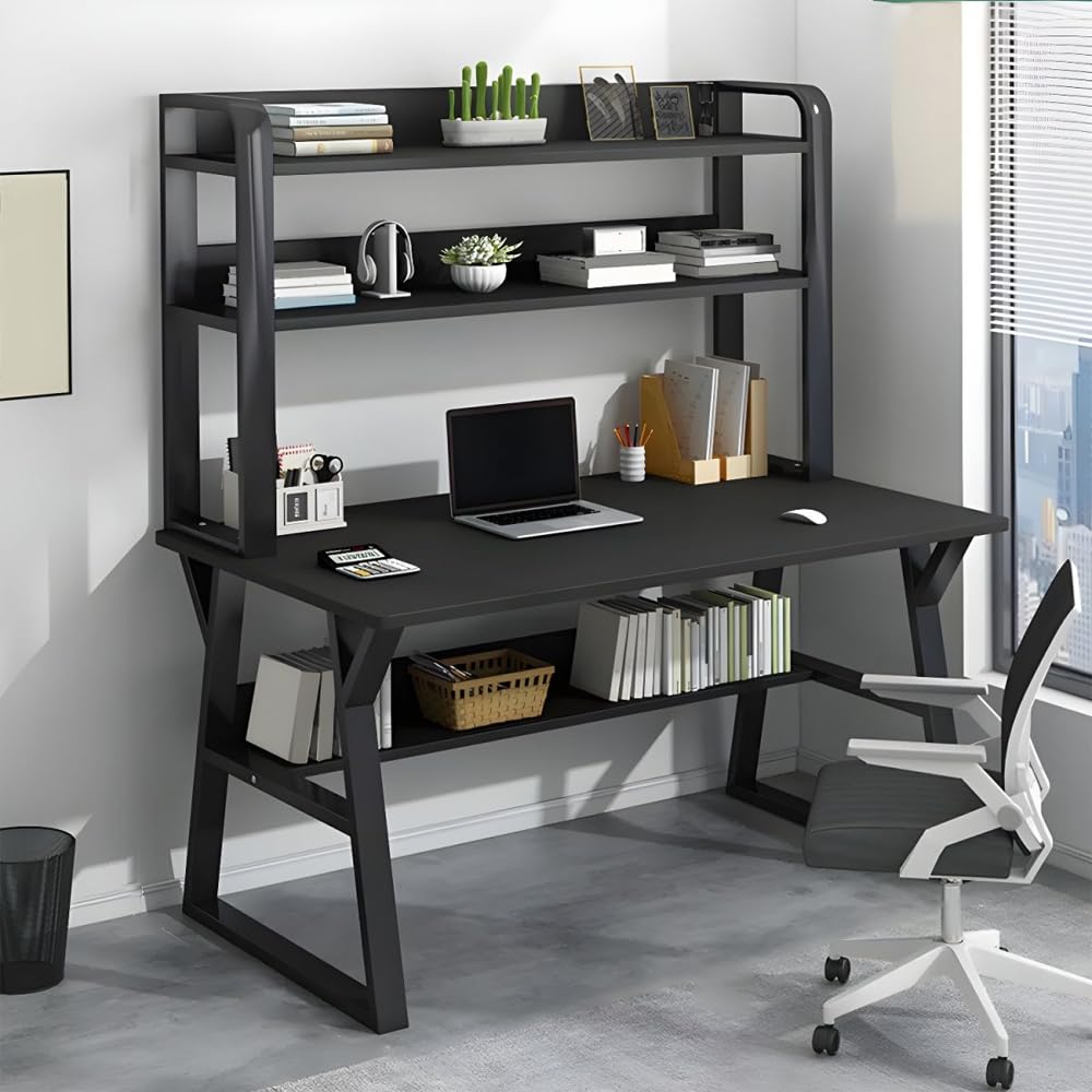 LITFAD Modern Computer Desk Home Office Desk with Storage Shelves Study Table with Bookcase for Study Room and Office, Without Chairs,Black-31.5" L x