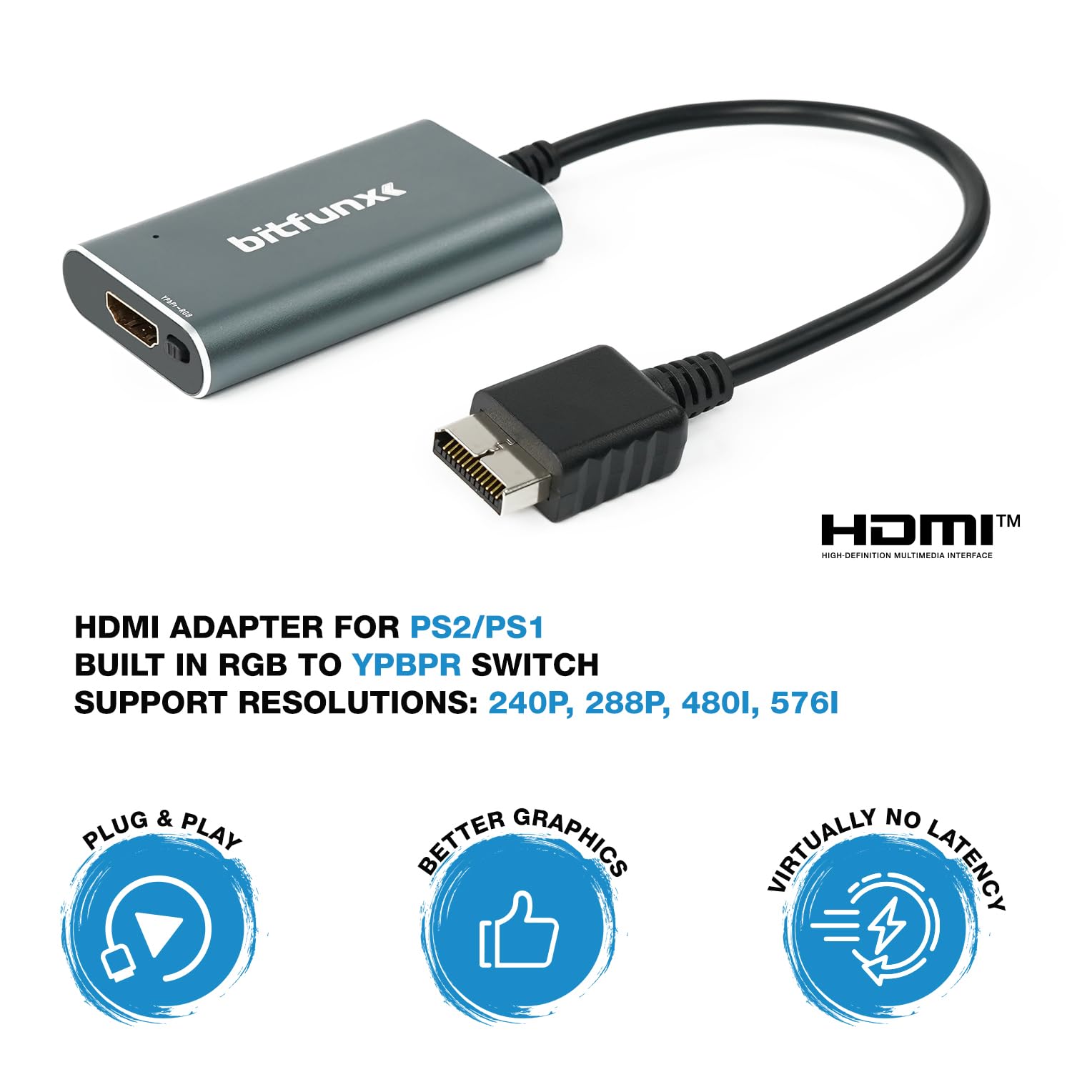 BITFUNX Adaptador HDMI PS2/PS1/PS One - Interruptor RGB integrado a componente, soporta RGB/Componente a HDMI 1080P, adaptador de videojuegos Plug & Play - 3