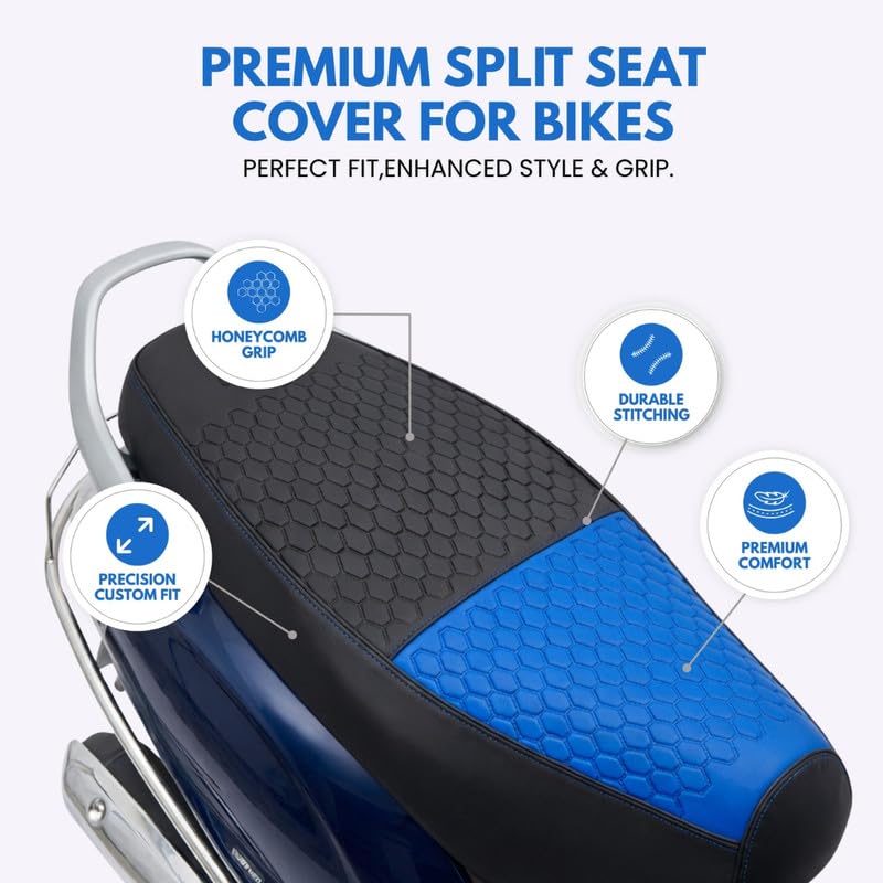 Image of Neodrift Premium Scooty Seat Cover - Suzuki E Access | Blue+Black | Anti-Slip & Shock-Absorbing Design | Water-Resistant Fit | Strip Cushioning | Professional Fit | Nappa Art Leather