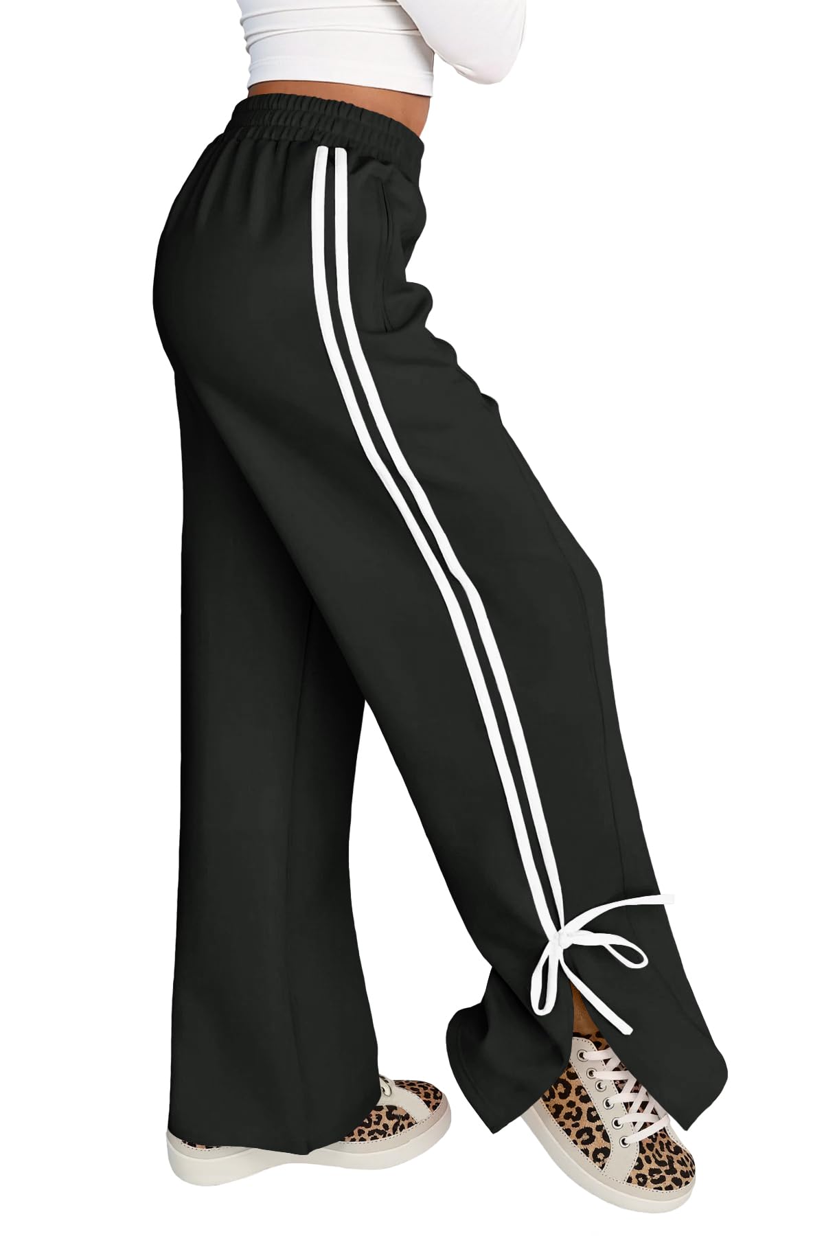 Fisoew Womens Wide Leg Track Pants High Waisted Side Slit Striped Baggy Sweatpants with Pockets