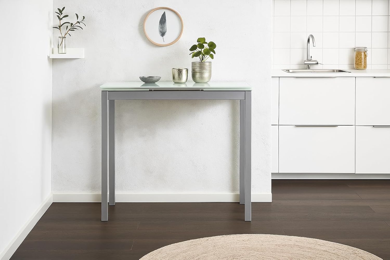MOMMA HOME Mesa Extensible de Cocina Novi con 2 Taburetes Bajos MOLI – Conjunto Mesa y Taburetes para Cocina, Comedor y Espacios Pequeños, Diseño Moderno (Blanco)