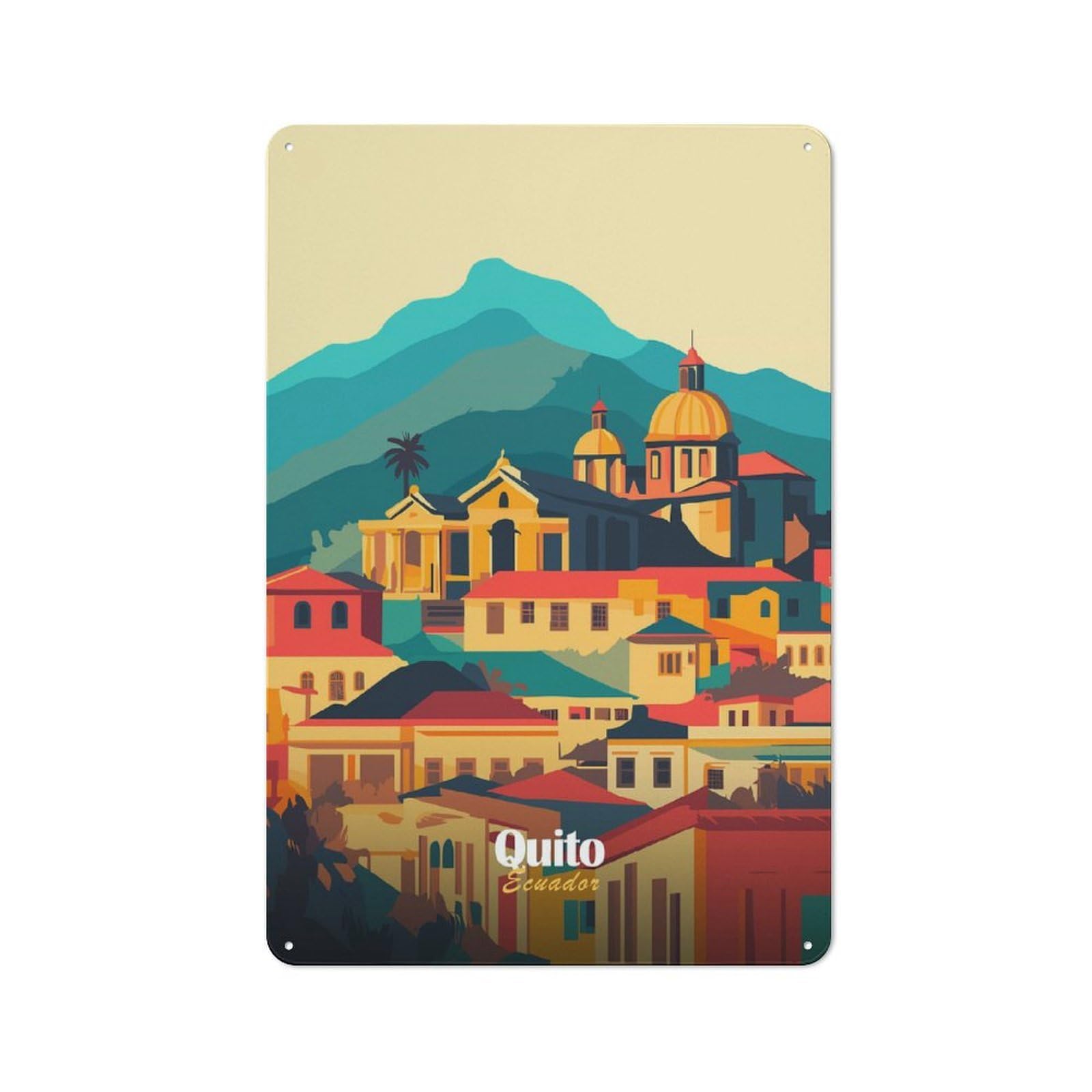 Junmoney Style-19 Quito Cityscape Illustration Tin Wall Sign 30X20cm, Country Style Bistro Wall Plaque For Coffee Bar, Kitchen, Bistro Or Tea Corner