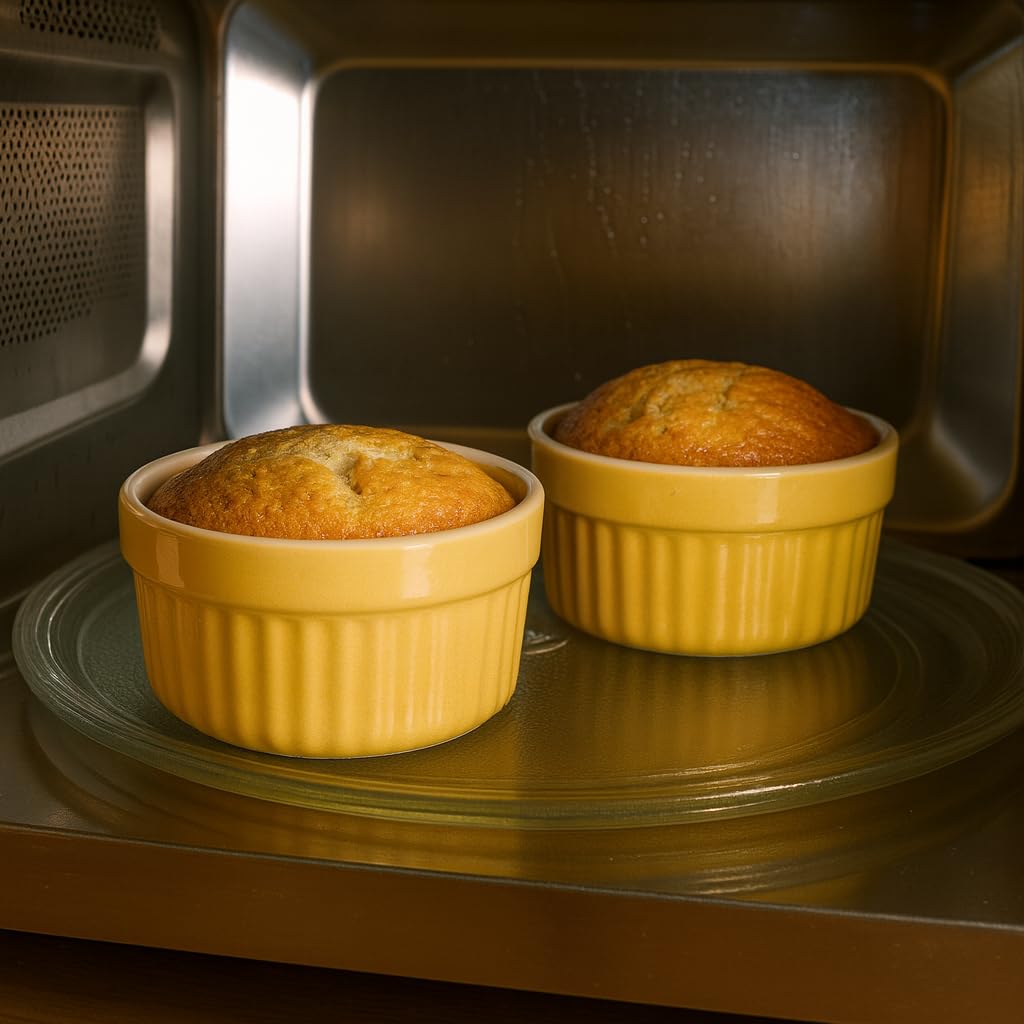 Bamby Ceramic Yellow And White Ramekin Bowl 200 ml Set of 6, Microwave & Dishwasher Safe, for Baking and Serving Cupcake, Souffle, Pudding and Dessert 3