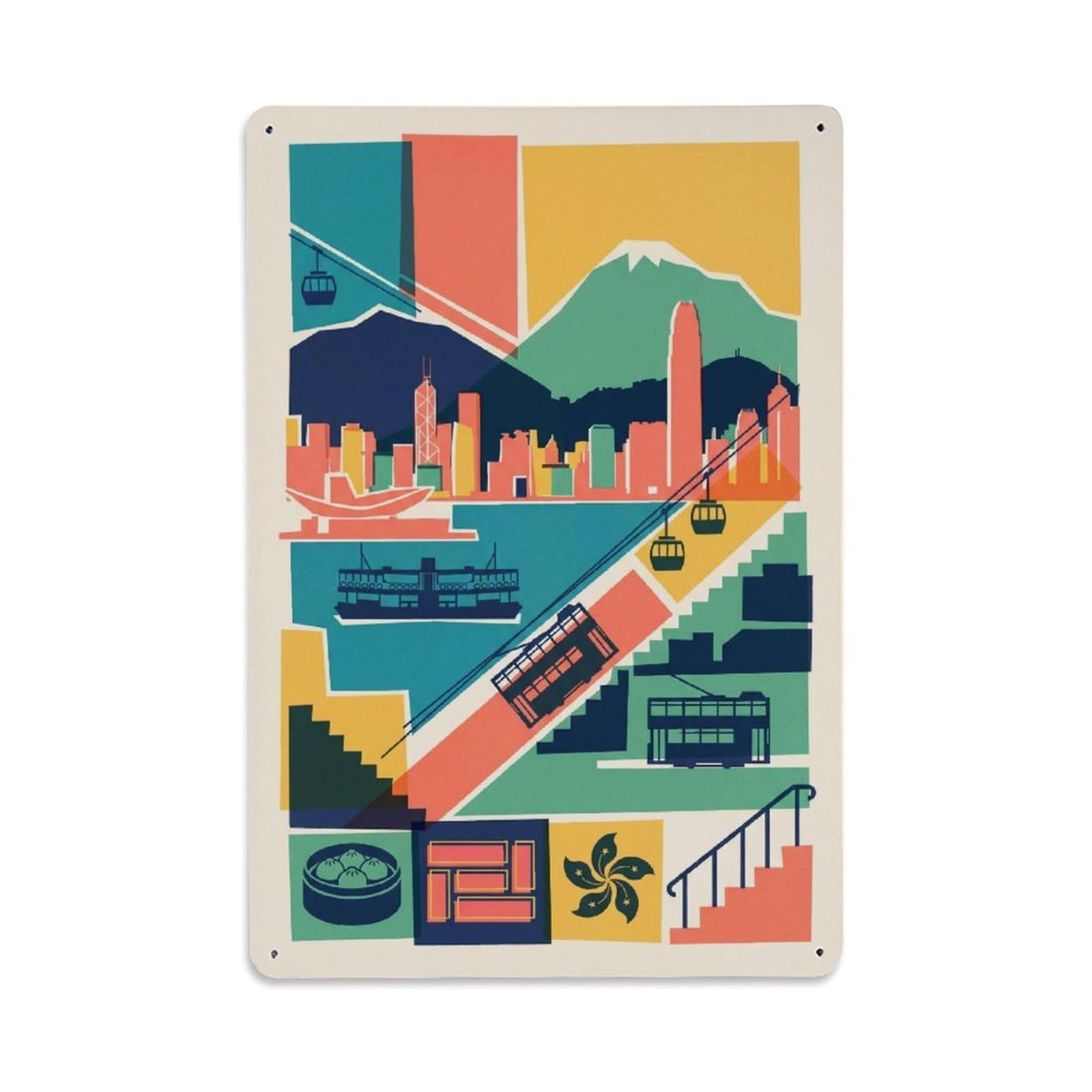 Okngb Style Illustration Chinese Hong Kong Cityscape Bridge Route Metal Tin Sign Plaque Wall Decor For Cafe, Man Cave, Club Bar, Office, Home Garden Round Metal Poster 8X12inch
