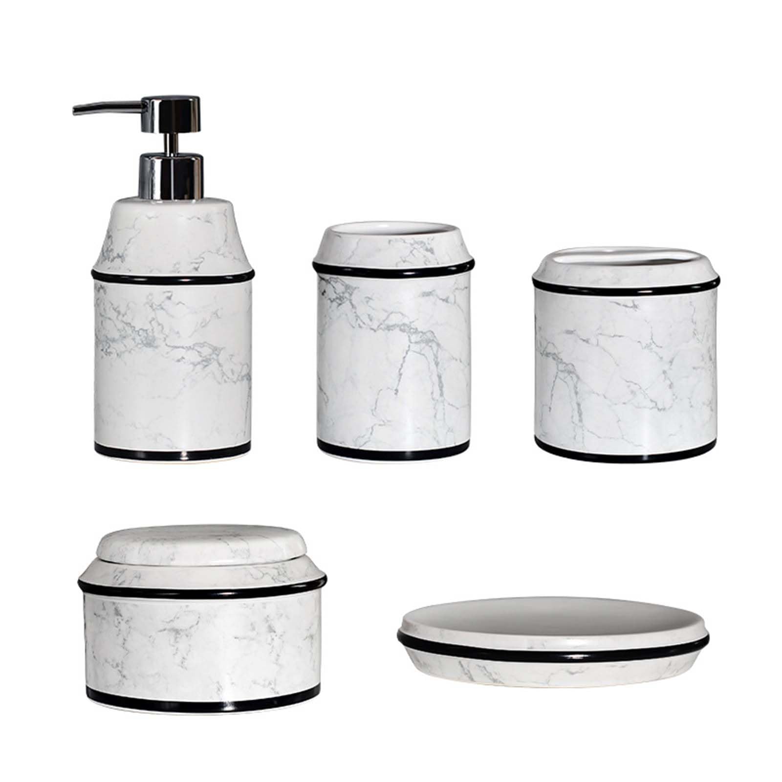 Set Dispensador De Jabón Marmoleado, Set De Baño De Cerámica, con Porta Cepillo De Dientes, Dispensador De Jabón, Jabonera, para La Zona De Lavado.,Blanco