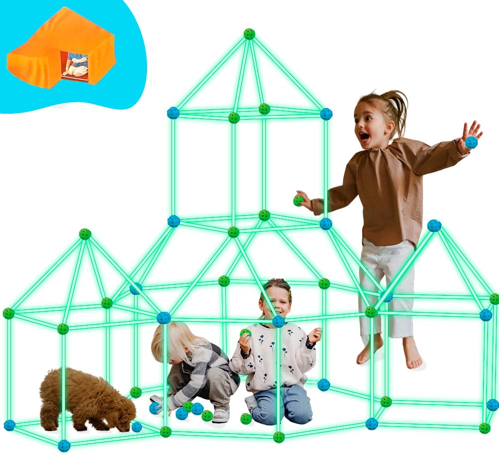 OnlyBP® 140pcs Kit de Construcción de Fuertes para Niños - Varillas Que Brillan en la Oscuridad - Juegos para Niños de 3+ años - Bloques de Construcción para Niños