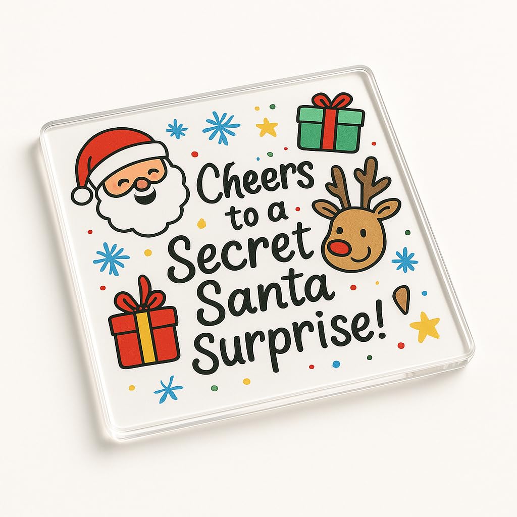 The Plum Penguin Whimsical Cheer Acrylic Coaster Gift With Whimsical Christmas Doodles - Festive Cheer Table Decor For Secret Santa Work Colleagues