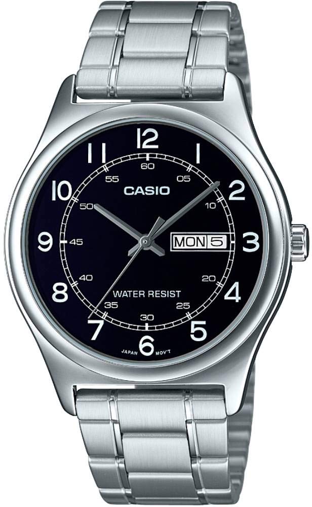 MTP-V006D-1B2 Men's Stainless Steel Easy Reader Black Dial Day Date Analog Dress Watch