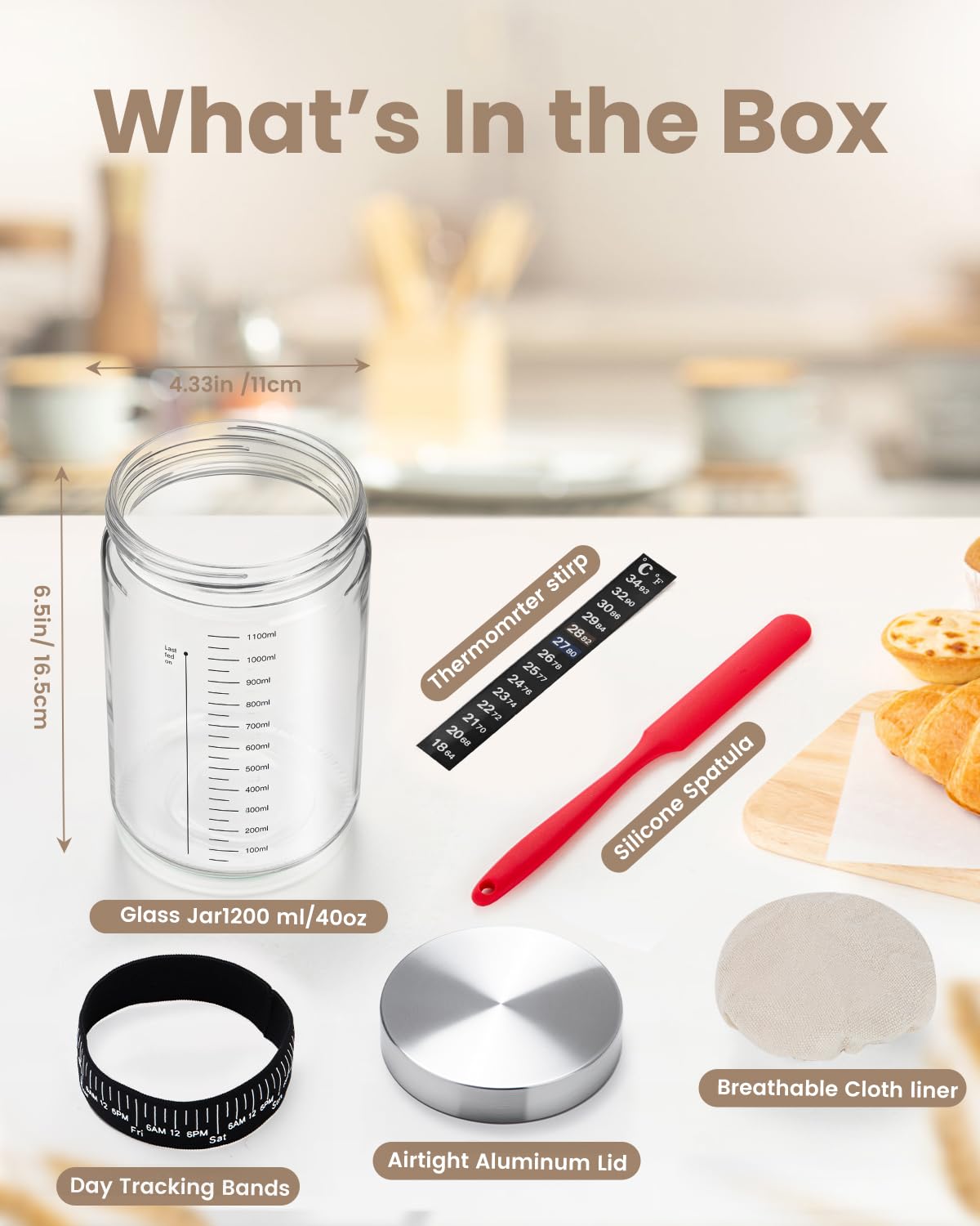 PITCH + PULSE Starter Kit per Pasta Madre, 1200ml Vetro Fermentato con Termometro, Nastro Alimentazione Data, Spatola, Contenitore per la Cottura del Pane a Lievito Naturale