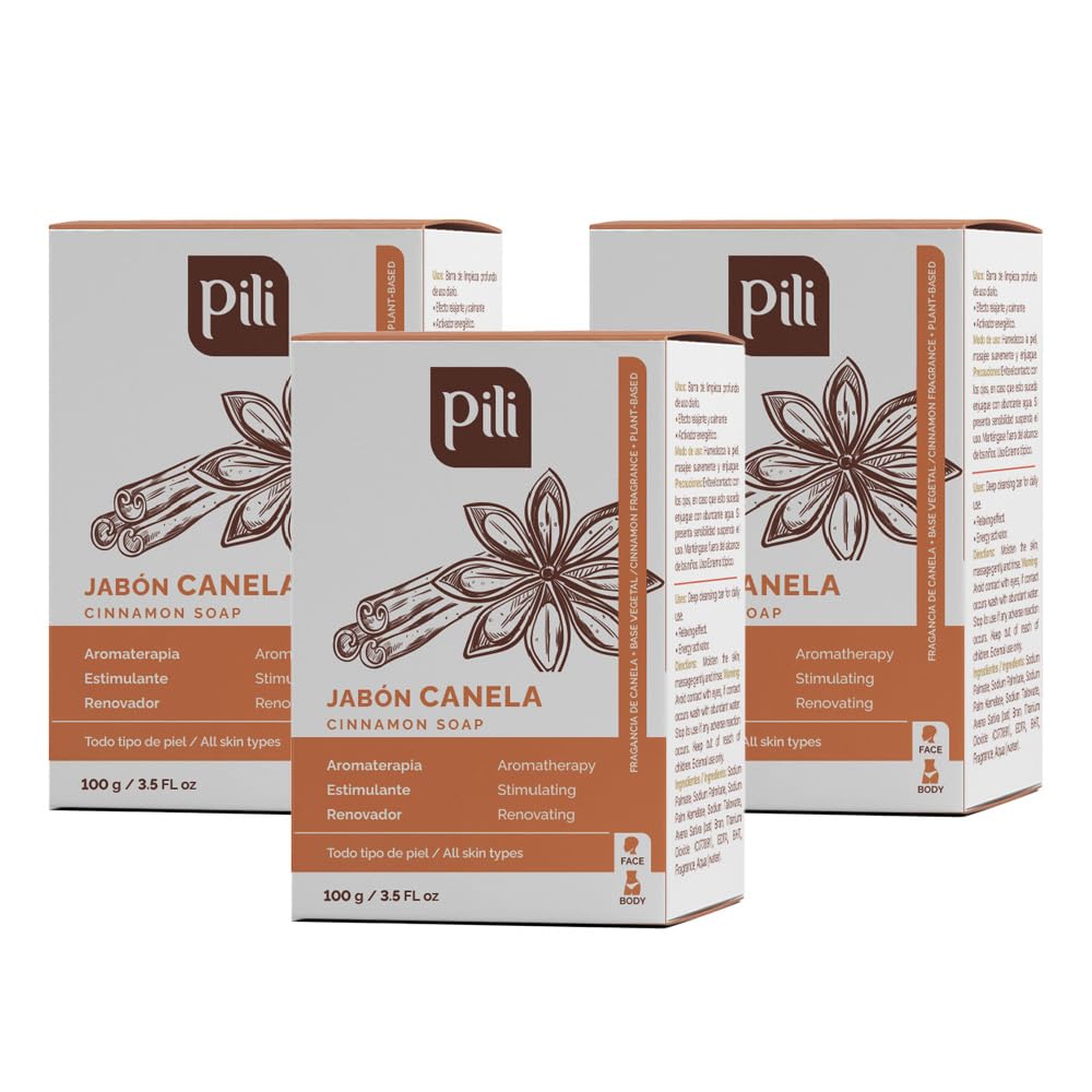 Pili Barras de jabón de canela natural (paquete de 3). Barras de jabón facial y corporal para mujeres, hombres, adolescentes y todo tipo de piel. Jabón de Canela. 3.5 oz cada una.