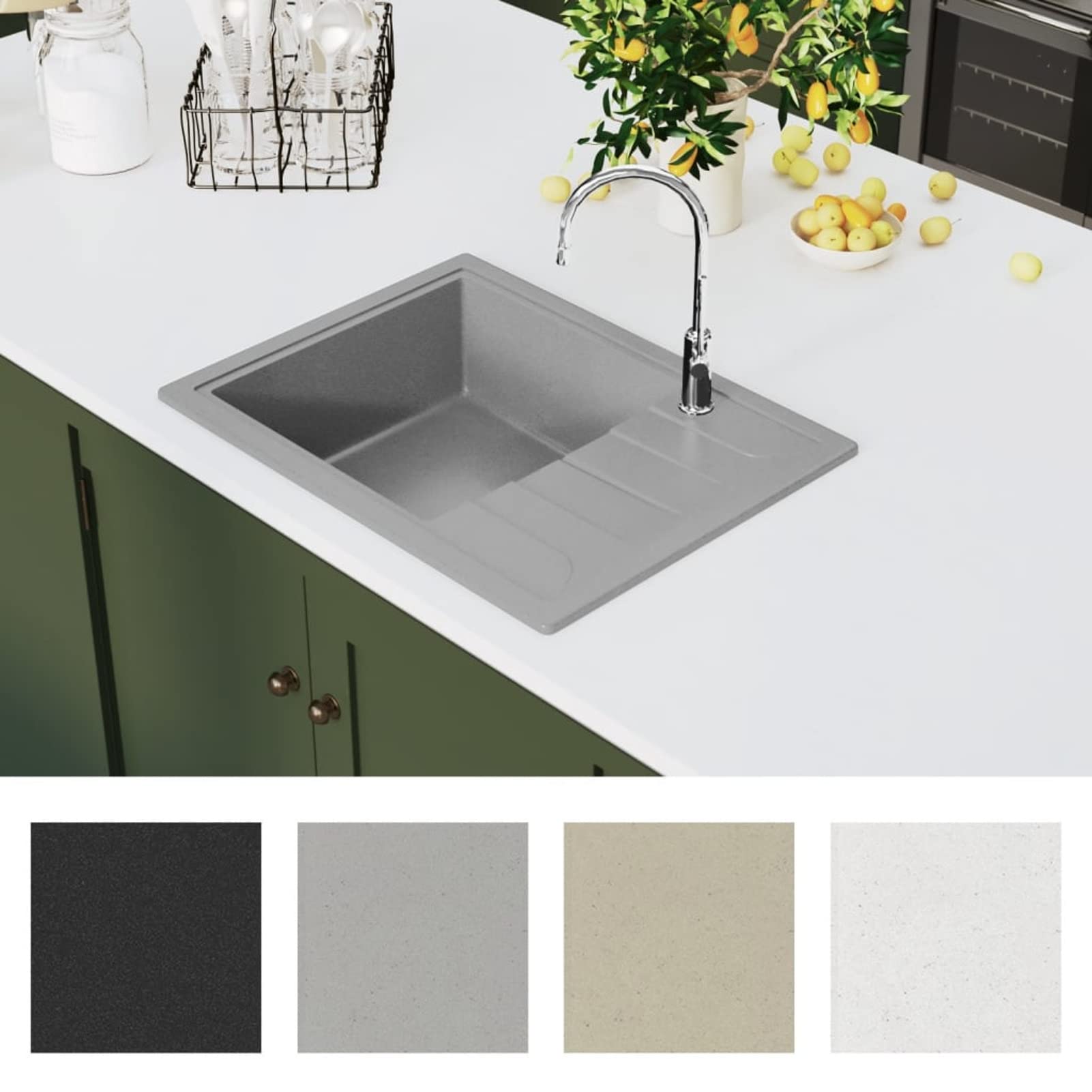 LAPOOH Fregadero de Cocina con rebosadero Ovalado Granito, Mueble Pila Lavadero, Pila Fregadero Cocina, Fregadero sobre Encimera, Fregadero Baño Encimera, Picas De Cocina, Gris