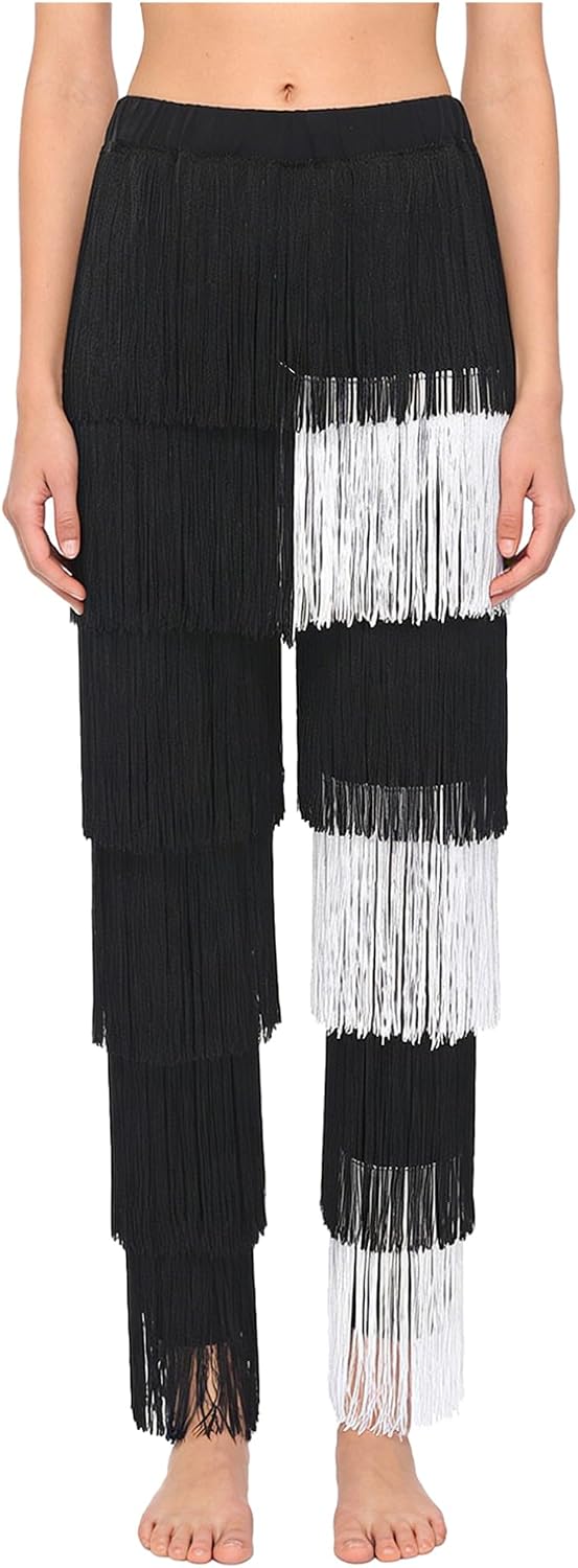 FEESHOW Women Latin Dance Pants Elastic Waist Fringe Tassel Trousers Tango Salsa Cha Cha Ballroom Dance Pants