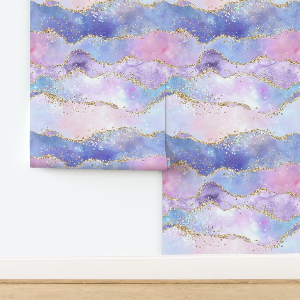 Spoonflower Peel & Stick Wallpaper 3ft x 2ft - Pastel Rainbow Watercolor Blush Pink Blue Purple Clouds Sky Custom Removable Wallpaper