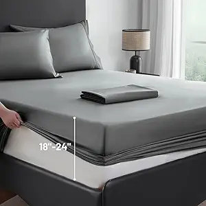 MEISHANG Extra Deep Pocket Queen Sheets Cotton - 1000 Thread Count Sheets - Fits 18"-24" in Deep Mattress,100% Egyptian Cotton,Sateen Weave, Soft & Breathable - 4 Piece (Queen, Dark Grey)