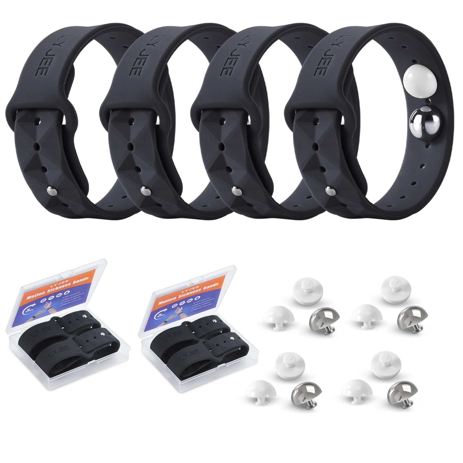 LYJEEMotion Sickness Bands Sea Sickness Wristbands Adjustable Acupressure Nausea Wristband/,Natural Relief of Nausea Headaches,Anxiety,Sleep Aid, Morning Sickness,Motion Sickness (4pcs-Black)