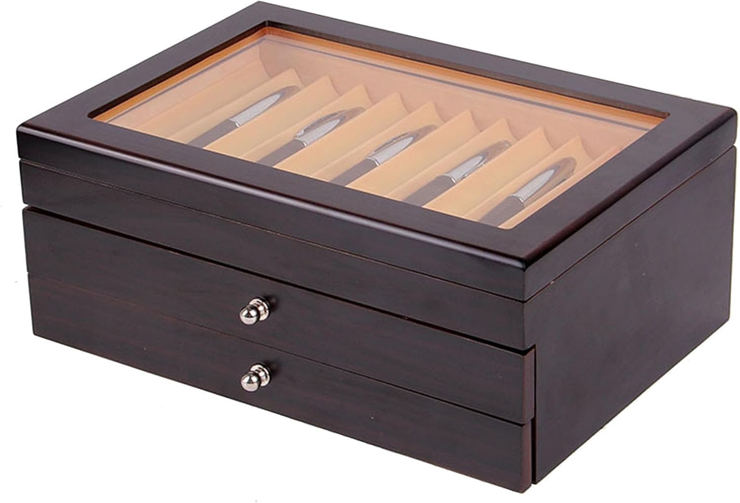 Scatola porta penne in legno, grande organizer con cassetto e finestra in vetro per raccogliere penne, soluzione ideale per uomini, padri, fidanzati (dimensioni: 3 strati, 34 scomparti, colore
