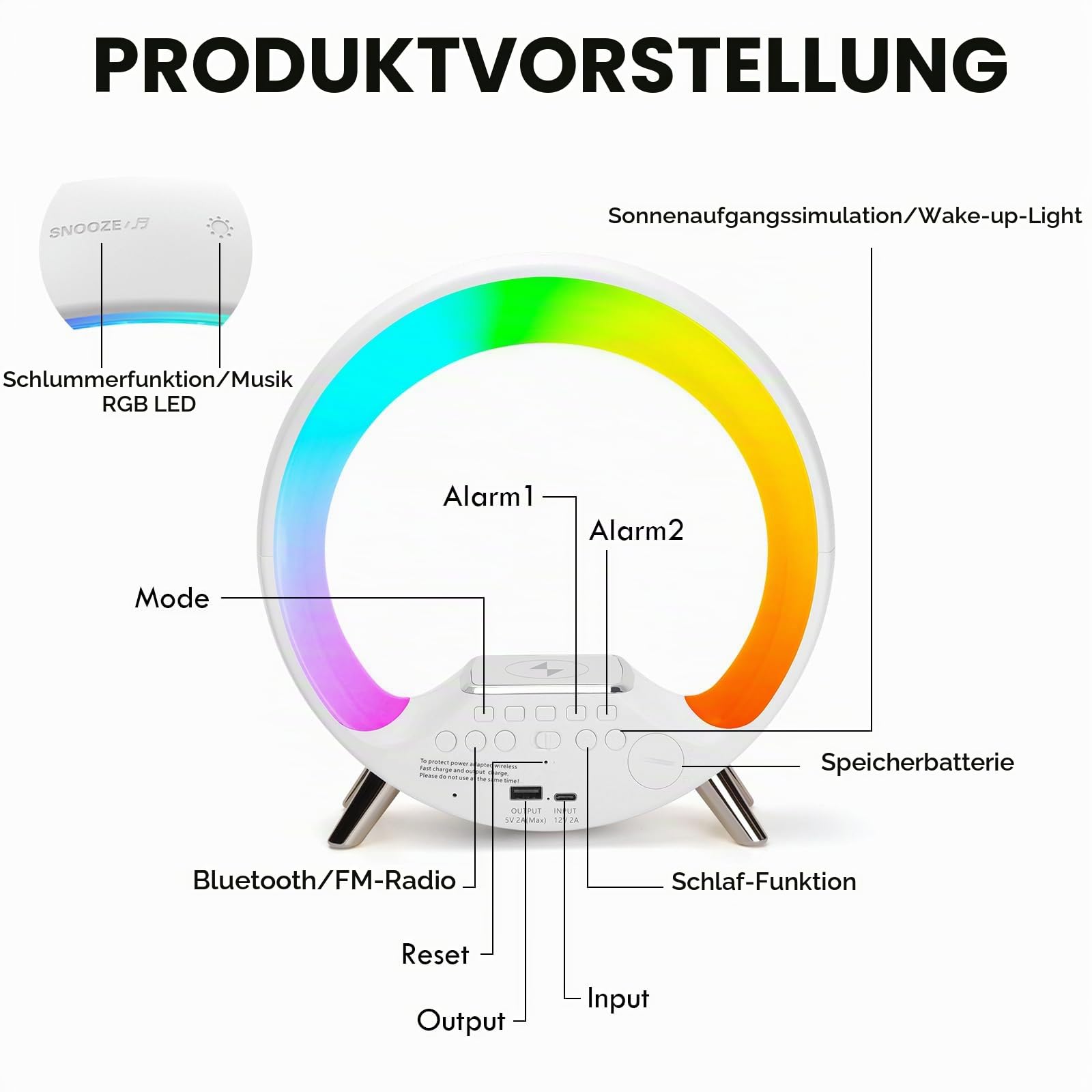 Cuteefun Tageslichtwecker mit 15W Drahtloser Ladestation, Weiß