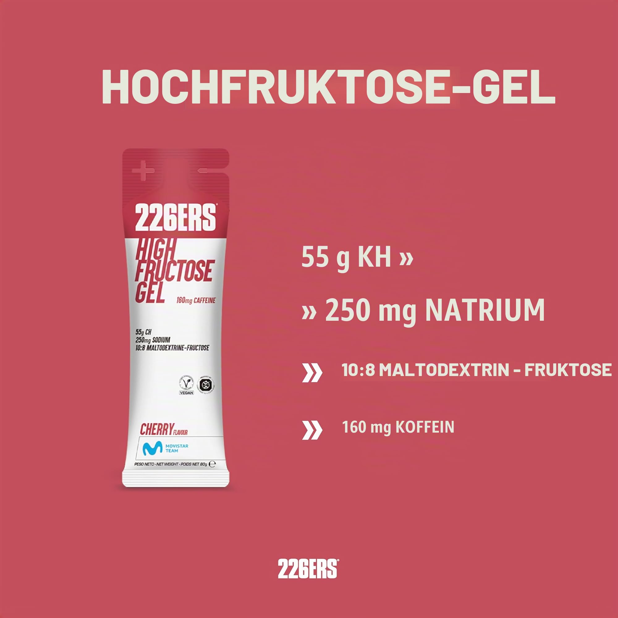 226ERS - High Fructose Gel, Energiegel für Sportler, mit Maltodextrin und Fruktose, mit 100 mg Koffein, Vegan und Glutenfrei, Kohlenhydratzufuhr, Geschmack Kirsche, 24 Gele x 80 g