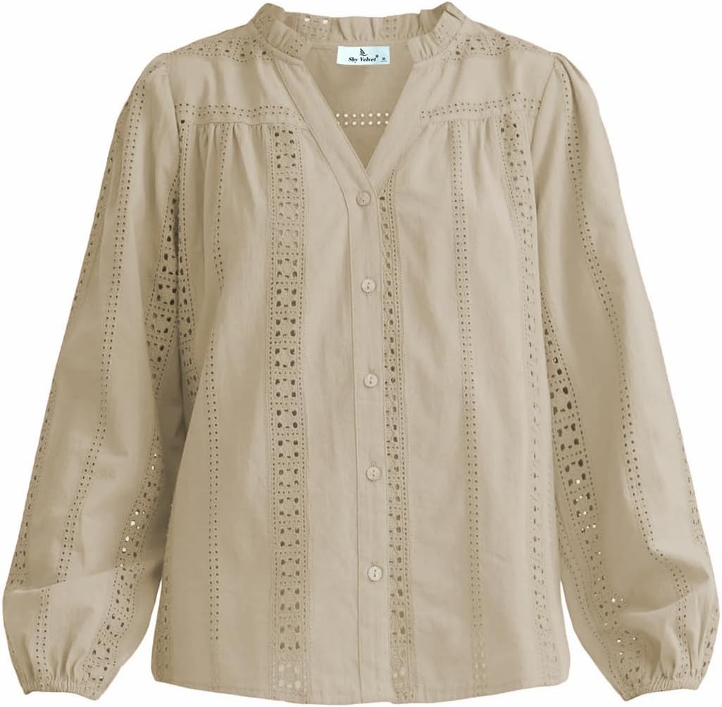 Shy Velvet Womens Tops Cotton Embroidered Eyelet Button-Down Blouse, Long Sleeve Business Casual Tops for Women - Image 6