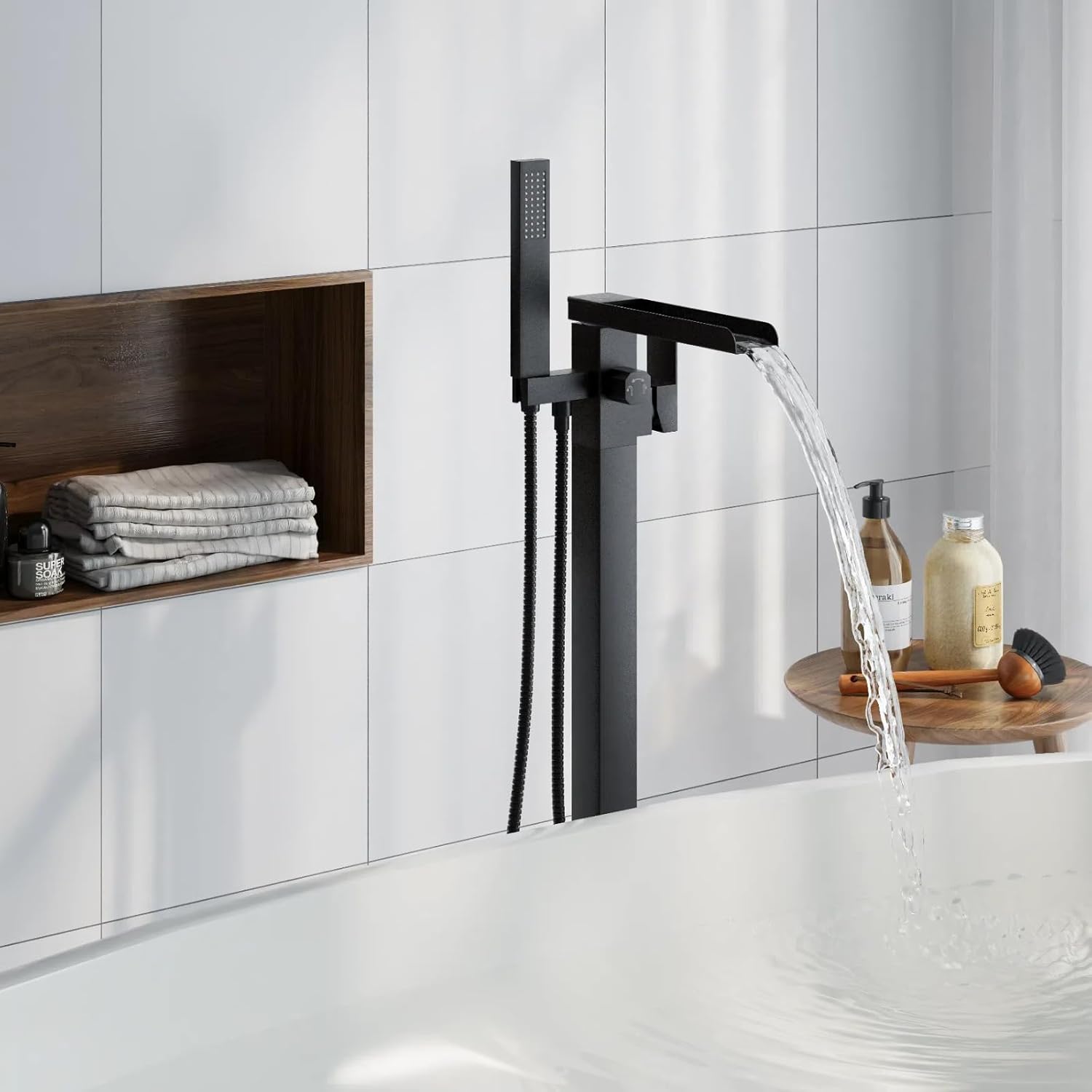 Freestanding Bathtub Faucet, Floor Mount Bathtub Faucet with 2 Water Outlet Modes, Swivel Gooseneck Spout with Hand Shower,Single Handle, Max Flow Rate 7.4 GPM (Waterfall-Black) - Image 4