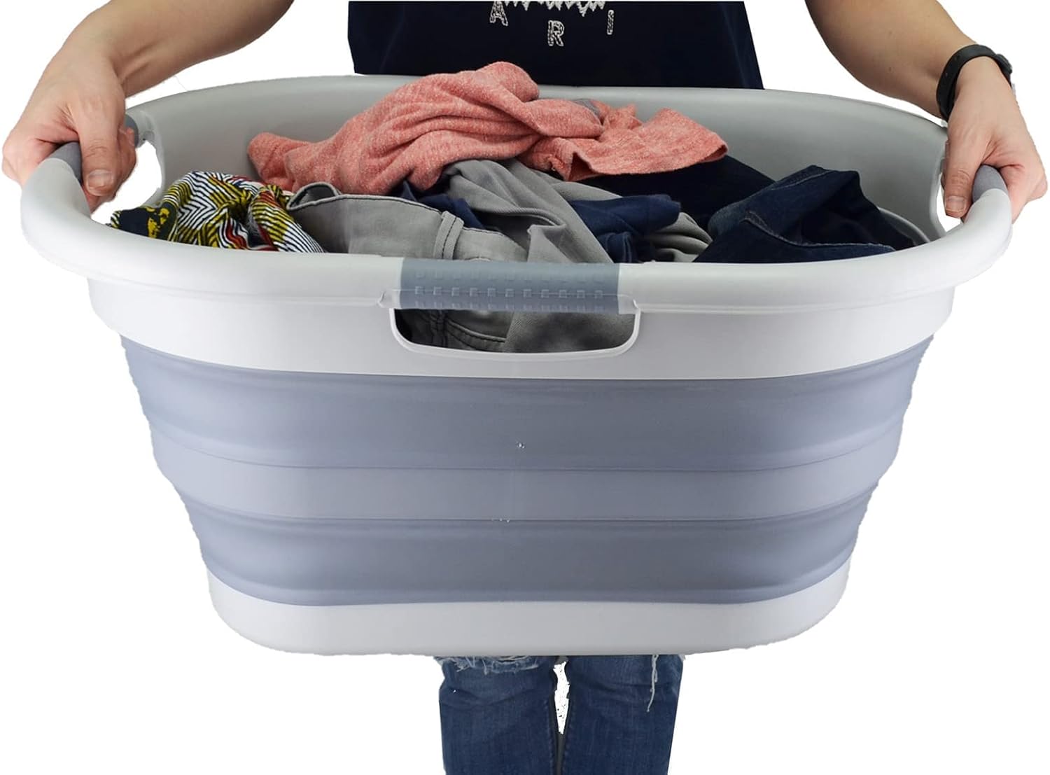 SAMMART 40L (10.5 gallon) Collapsible Plastic Laundry Basket - Foldable Pop Up Storage Container/Organizer - Portable Washing Tub - Space Saving Hamper/Basket (1, Grey/Dark Grey)