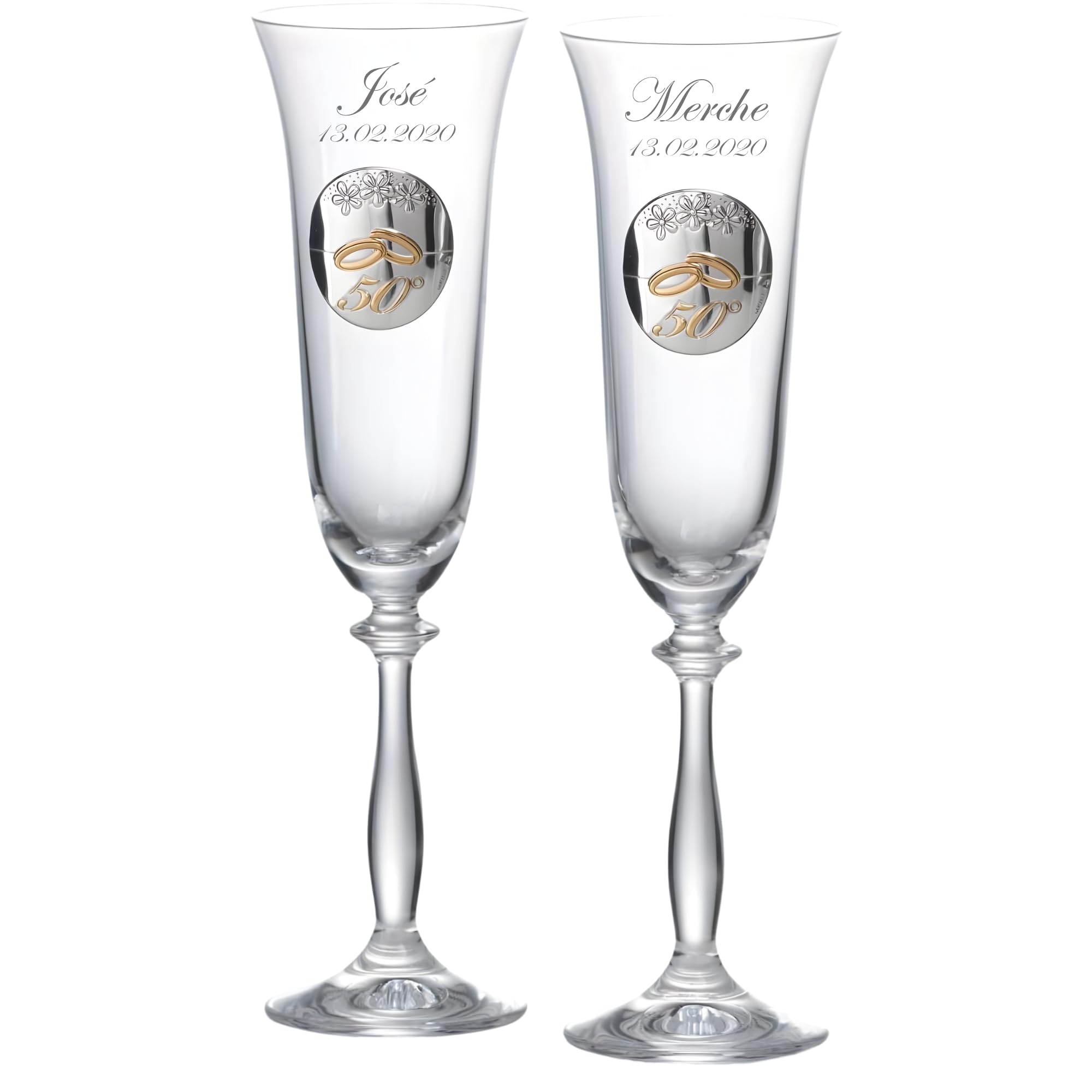JOYERIA EL FARO Copas Bodas de Oro Personalizadas – Juego de 2 Copas de Champán/Cava Grabadas con Nombres y Fecha – Regalo 50 Aniversario de Casados para Pareja