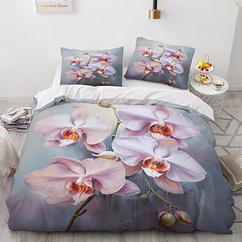 Juego de funda de edredón de orquídea tamaño individual, ropa de cama de flores, decoración de dormitorio, funda de edredón y 2 fundas de almohada