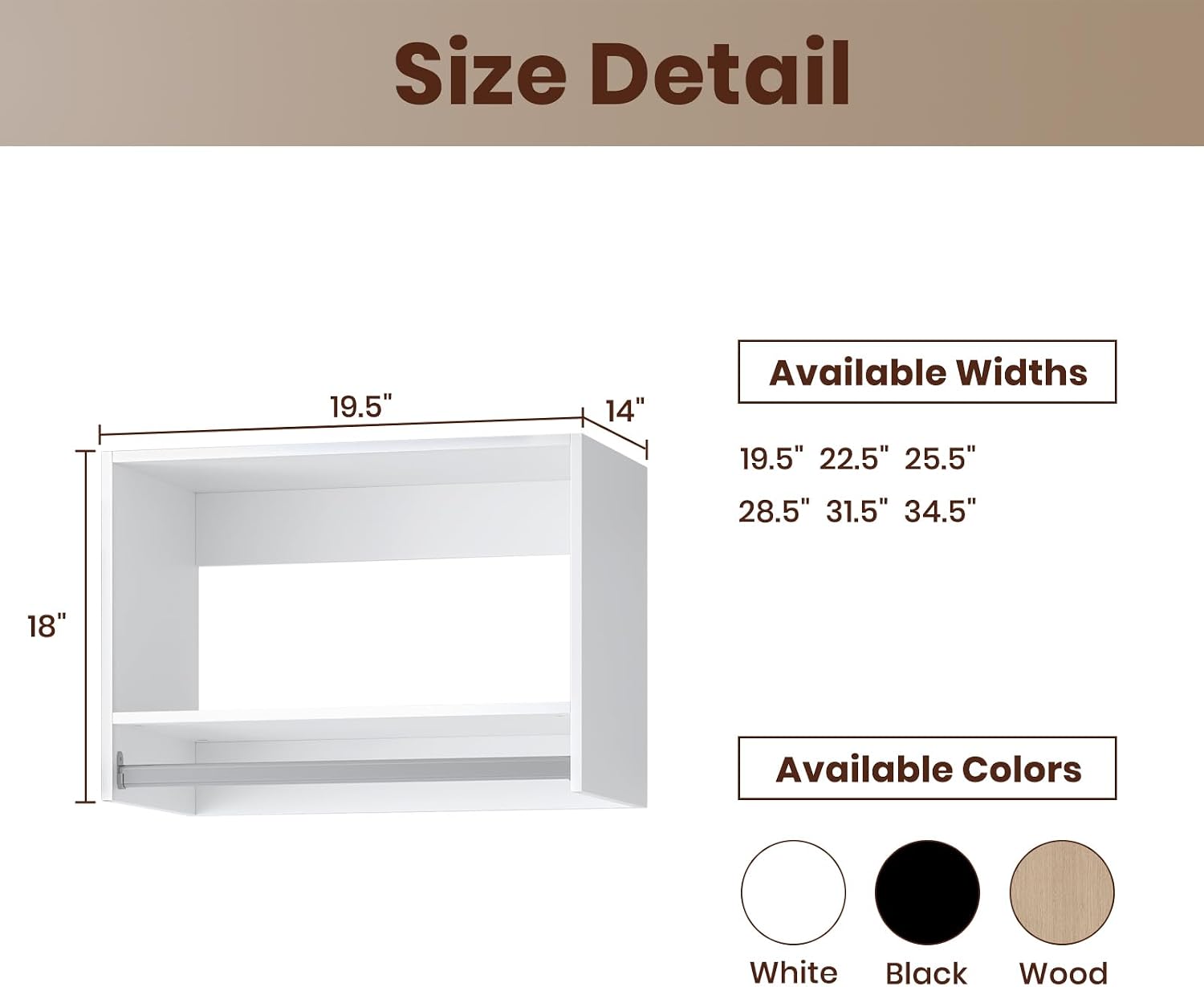 ROOMTEC 19.5" Tall Hanging Closet Unit, Modular Closet System with Hanging Rod, Wardrobe Organizer for Bedroom or Walk-in Closet, Wall Mounted, Customizable Clothes Storage Unit, White