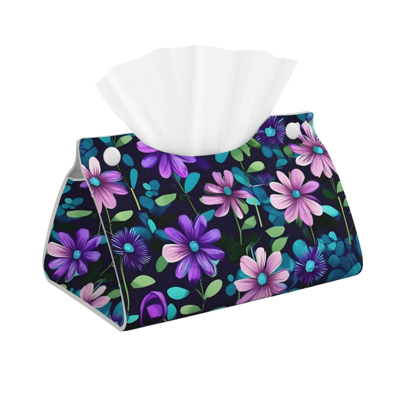 Purple Camellia Long Leather Tissue Box Cover-Waterproof PU Leather Tissue Holder for Bathroom, Decorative Rectangular Tissue Case