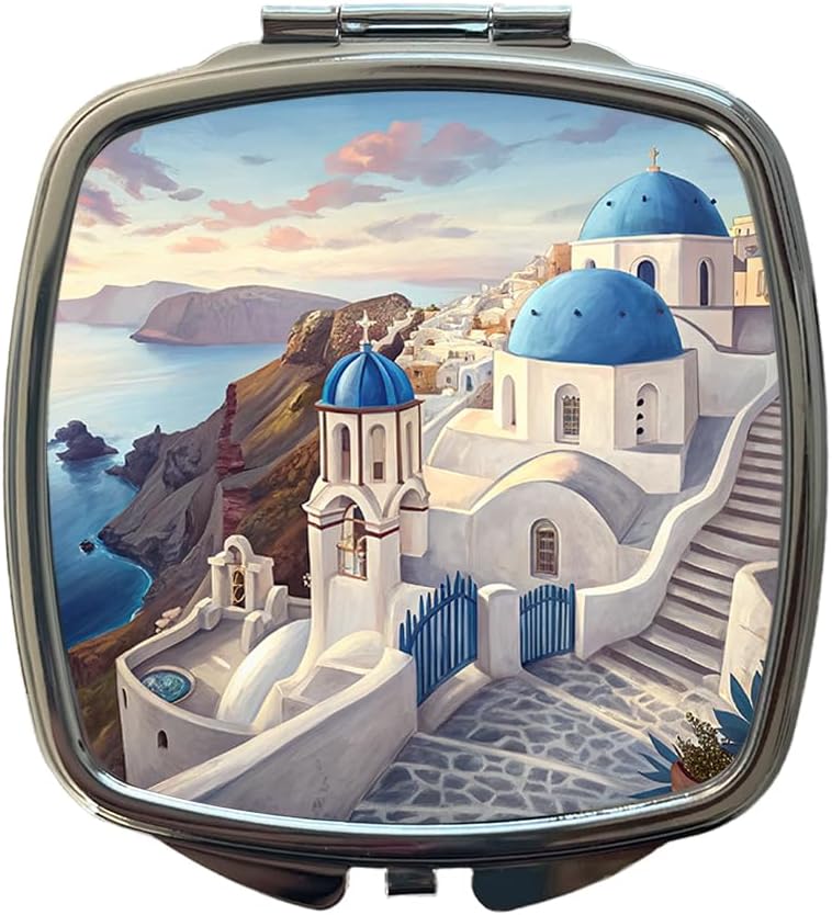 Blue Domes of Oia Santorini Greece Aegean Sea Small Travel Purse Handbag Pocket Makeup Compact Mirror