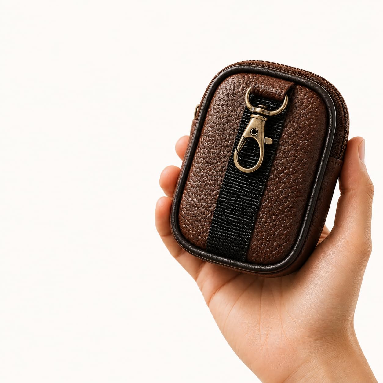Genuine Leather Utility Pouch with Metal Carabiner Clip, Brown | Compact & Lightweight, Clip to Belt or Bag, Smooth Zipper Closure, Stores Keys & Cables, Travel Friendly-image-25
