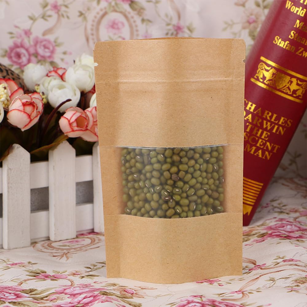 100 szt./partia Stand Up Kraft Paper Pouches With Windows Snack Food Ziplock Bags Nuts Sealed Food Packaging Bags With Tear Notch (przezroczyste okno, 16 x 22 cm)