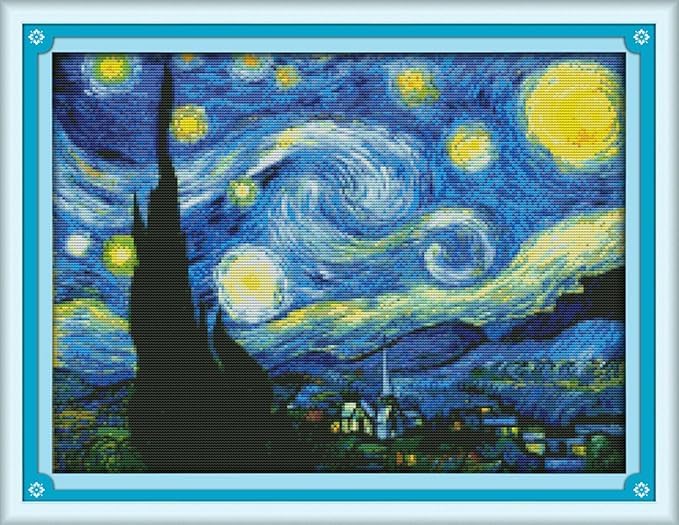 YEESAM Art Cross Stitch Kits for Adults Beginners The Starry Night Sky Pre Printed 14ct, DIY Stamped Embroidery Starter Kit Easy Sewing Set Home Decor