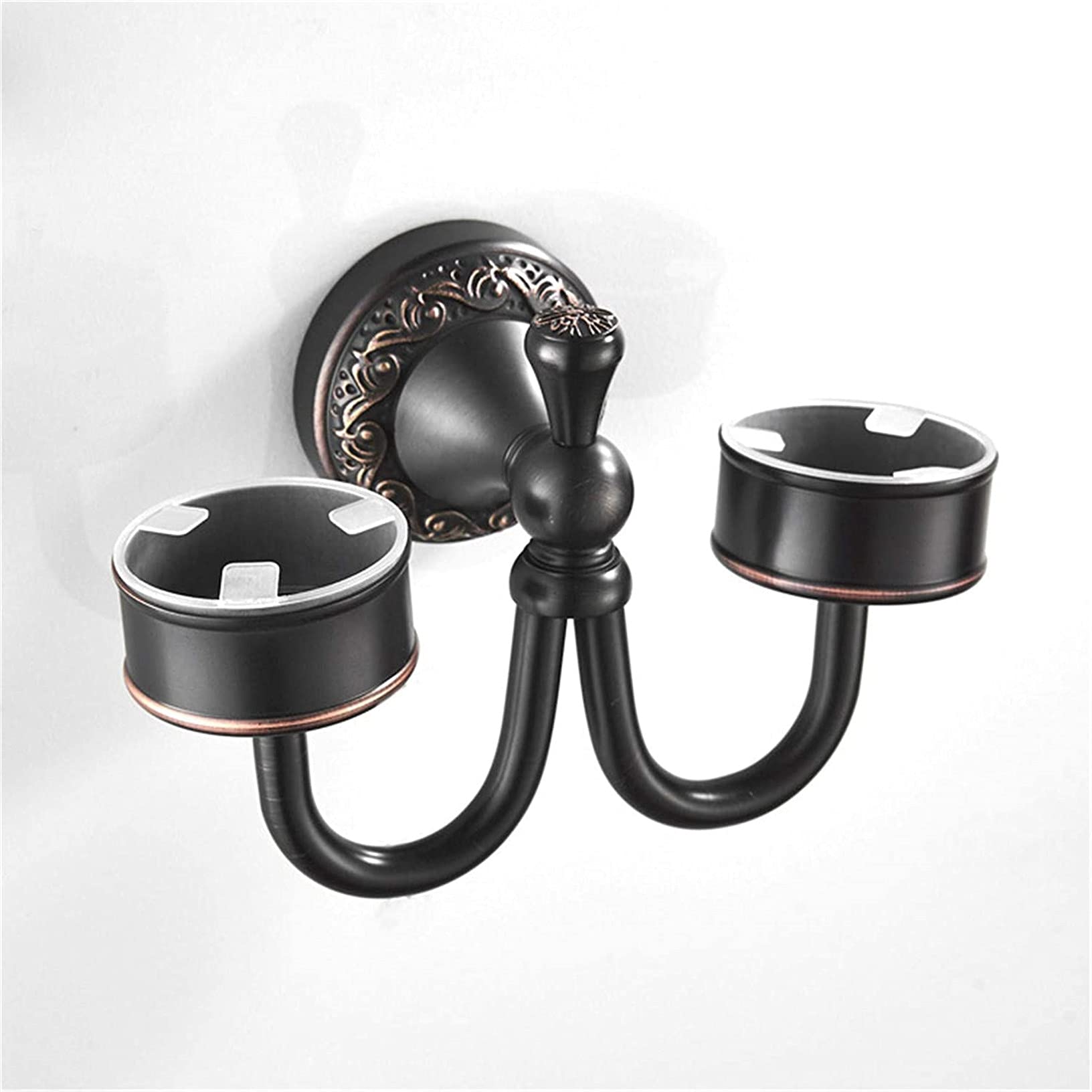 Schwarz Retro Messing Zahnbürstenhalter, Europäischer Stil Wand Geschnitzt Doppelt Keramik Becherhalter, Bronze Finished Mund Becher Halter Anhänger Badezimmer Zubehör