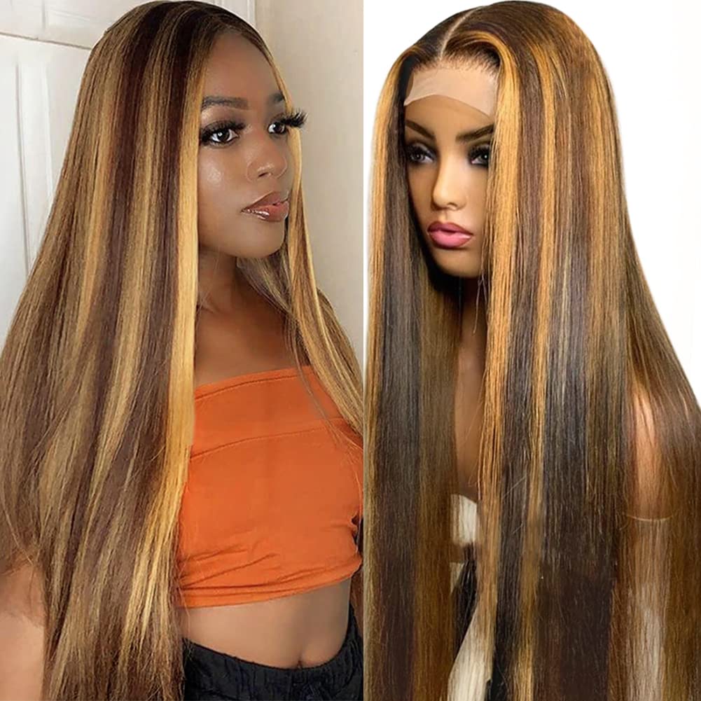 Azibo 4/27 Highlight HD Transparent Lace Front Wig Human Hair 4x4 Colored Straight Lace Closure Wigs for Black Women Human Hair 180% Density Pre Plucked with Baby Hair Glueless (26 inch, 4/27