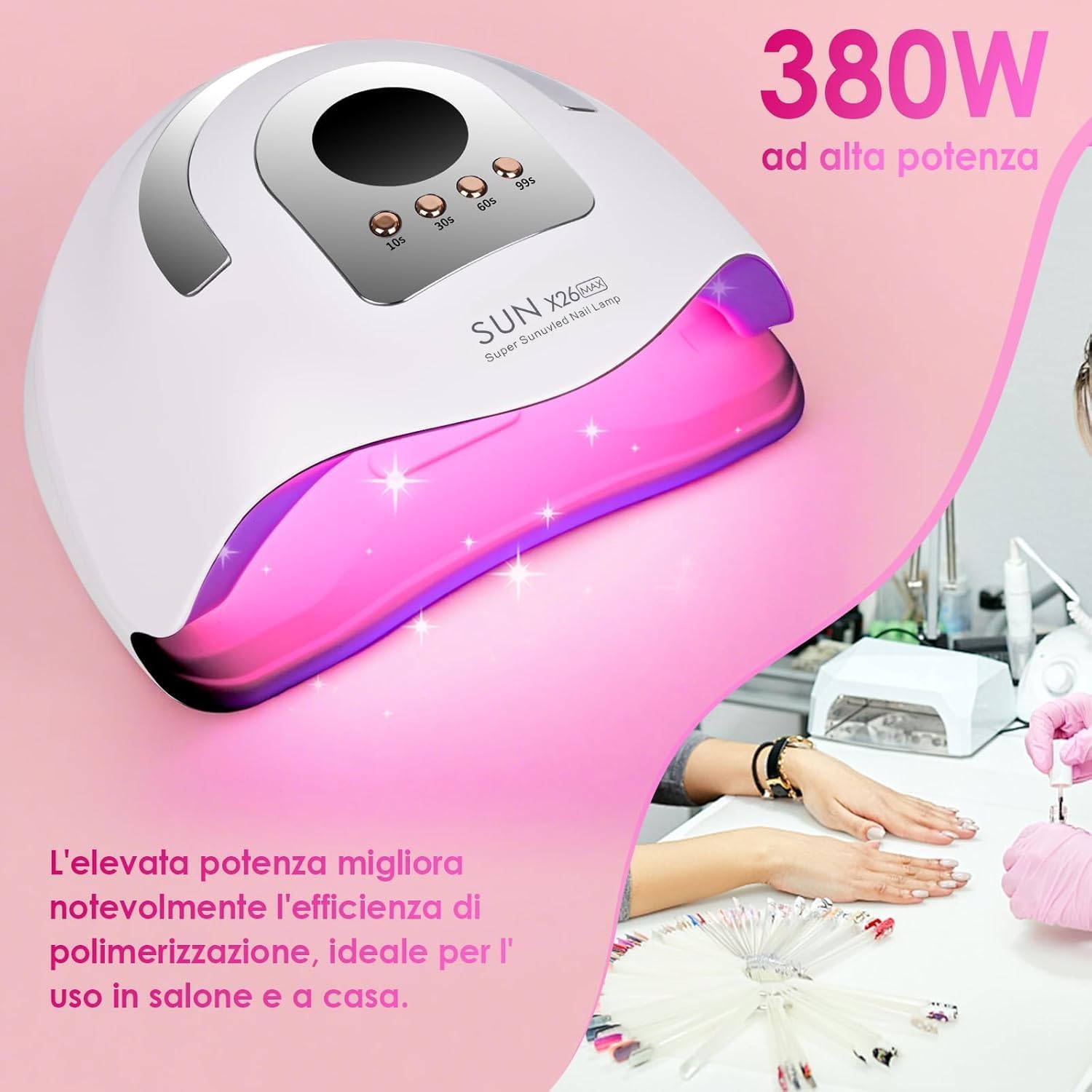 Lampada Unghie Professionale SUN X26 Max 380W – UV/LED 42 Doppie Perle, Asciugatura Rapida, 4 Timer, Sensore Smart – Per Gel, Semipermanente, Ricostruzione – Manicure & Pedicure