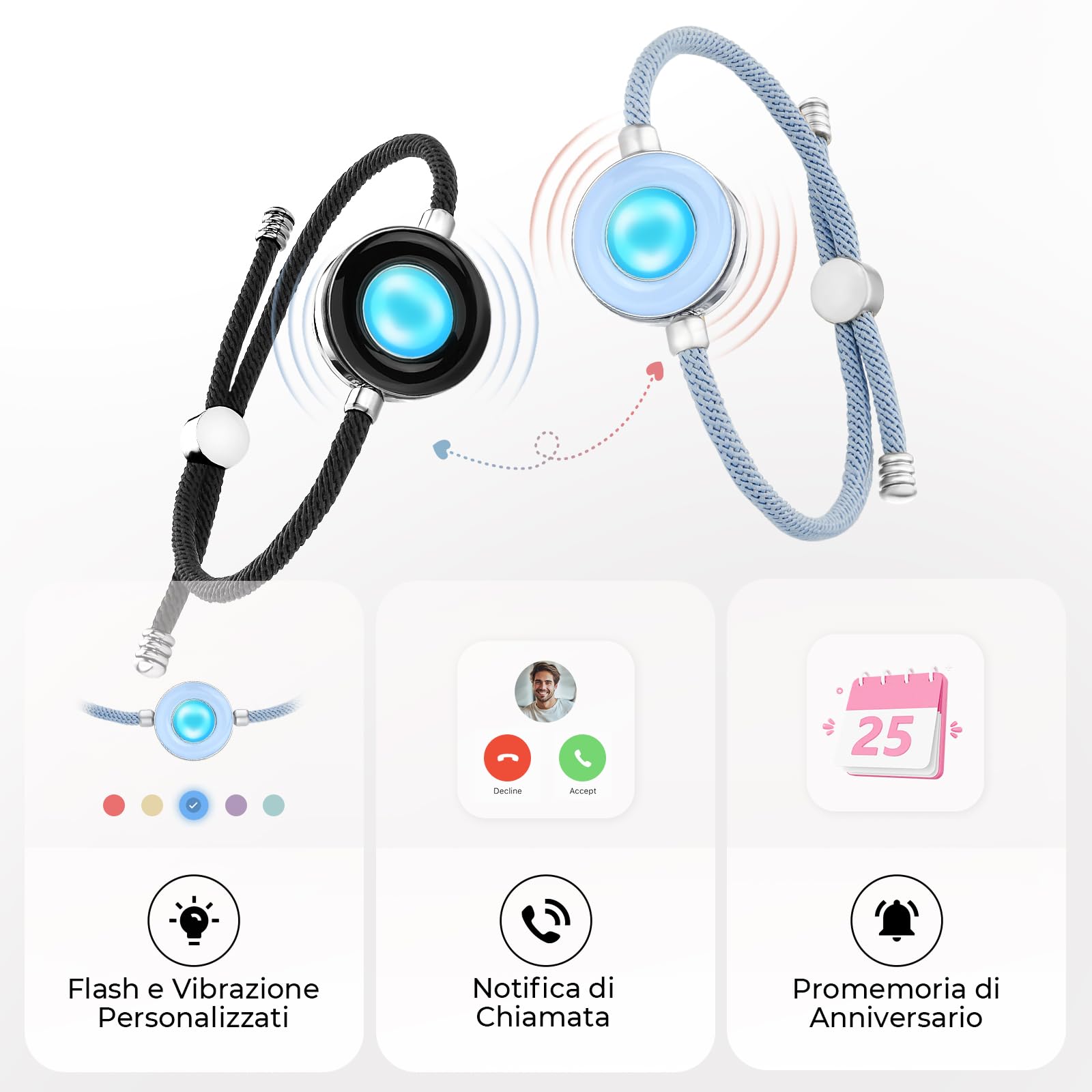 TOTWOO Braccialetti per Coppie con Collegamento Bluetooth Uno a Uno tramite App, Luci e Vibrazione al Tocco – Regalo Romantico per Relazioni a Distanza, in Acciaio Inossidabile 316