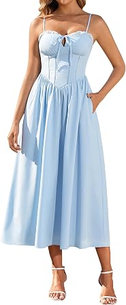 EYNMIN Womens Midi Flowy Lace Up Summer Wedding Guest Dresses with Pocket
