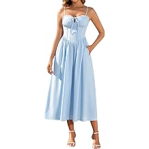 EYNMIN Floral Corset Midi Summer Wedding Guest Dress Lace Up Spaghetti Strap Flowy Dresses for Women Sundress with Pockets