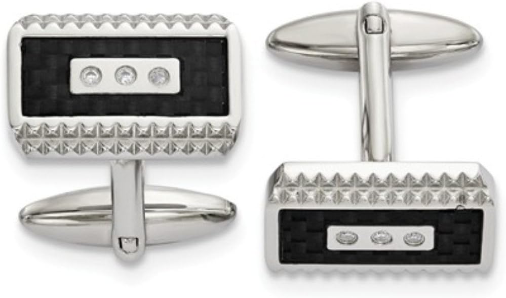 Stainless Steel, Black Carbon Fiber Inlay CZ Rectangle Cuff Links, 21.73MMX19.12MM