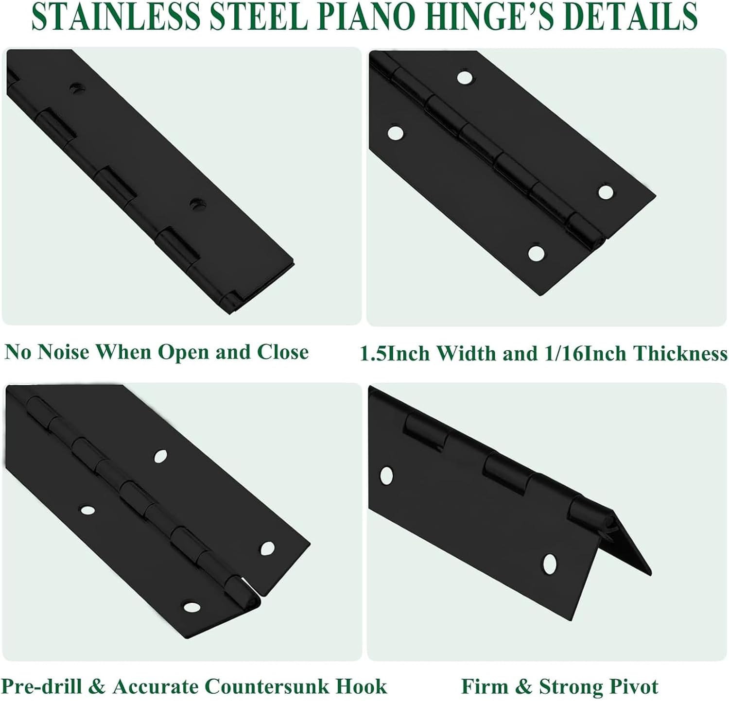 4Pack Heavy Duty Piano Hinge, 2" Open Width x 16" Continuous Hinges, 0.06" Thick Stainless Steel with Holes, Black Furniture Hinges for Cabinet Door Cases Woodworking